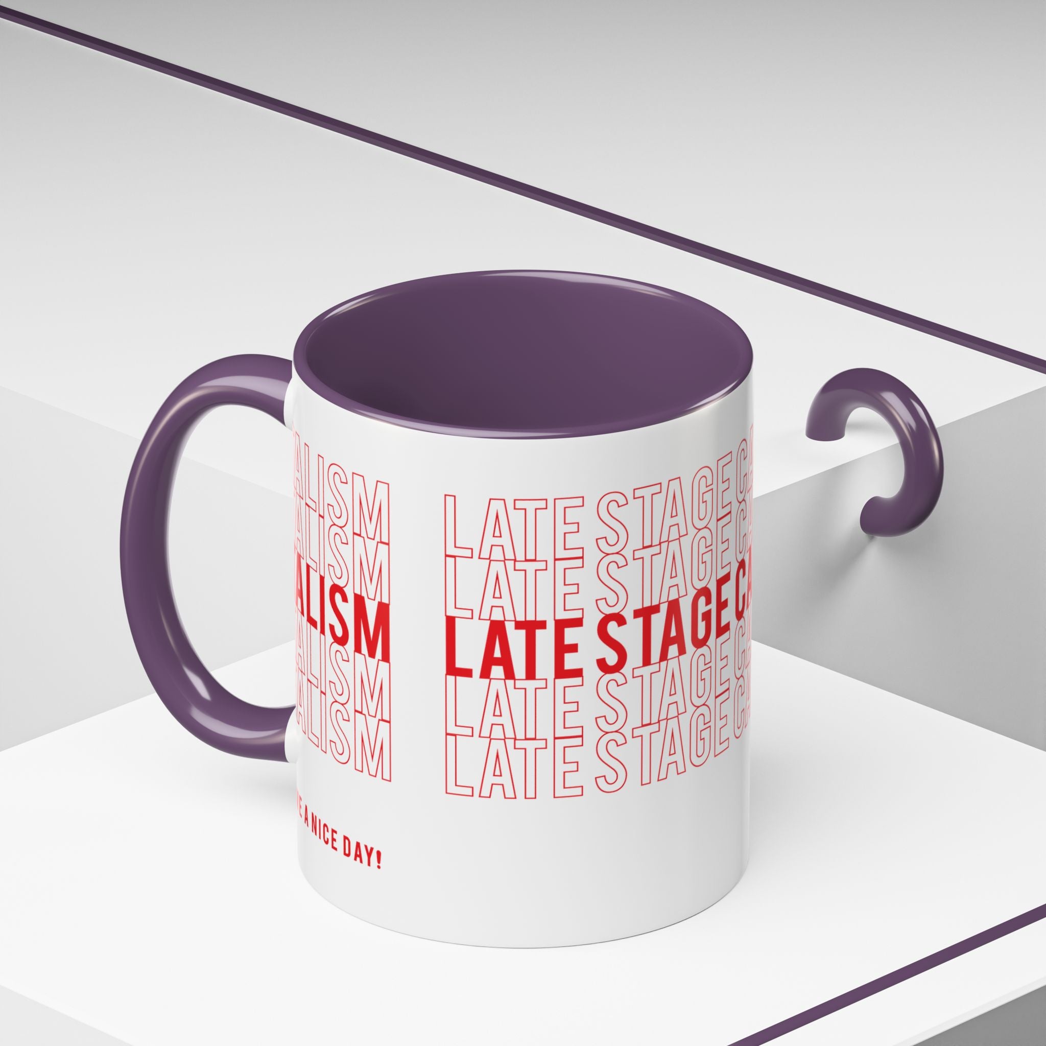 Accent Coffee Mug — “Late Stage Capitalism” Retro Repeat Text Coffee Mug