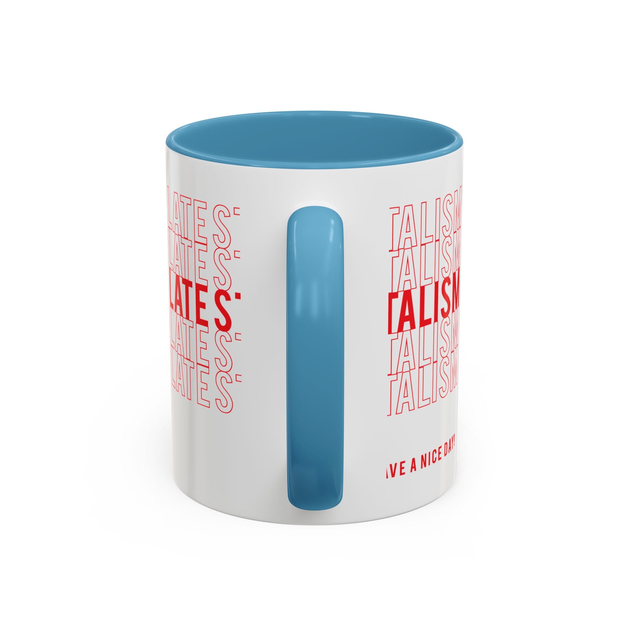 Accent Coffee Mug — “Late Stage Capitalism” Retro Repeat Text Coffee Mug
