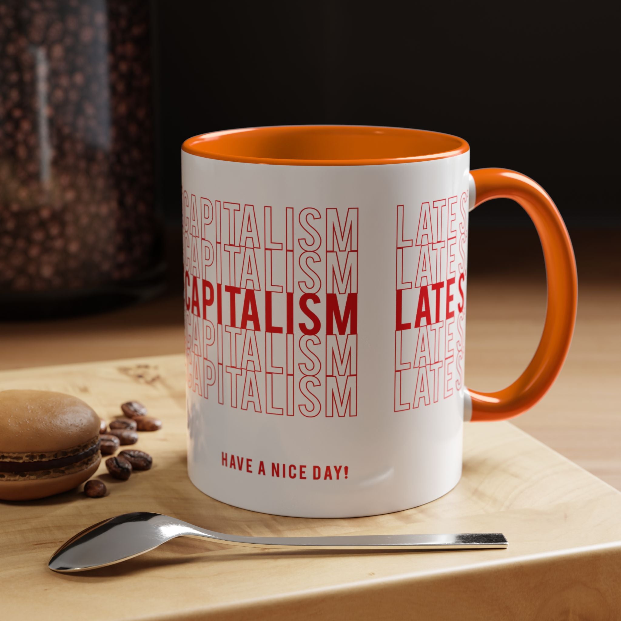 Accent Coffee Mug — “Late Stage Capitalism” Retro Repeat Text Coffee Mug