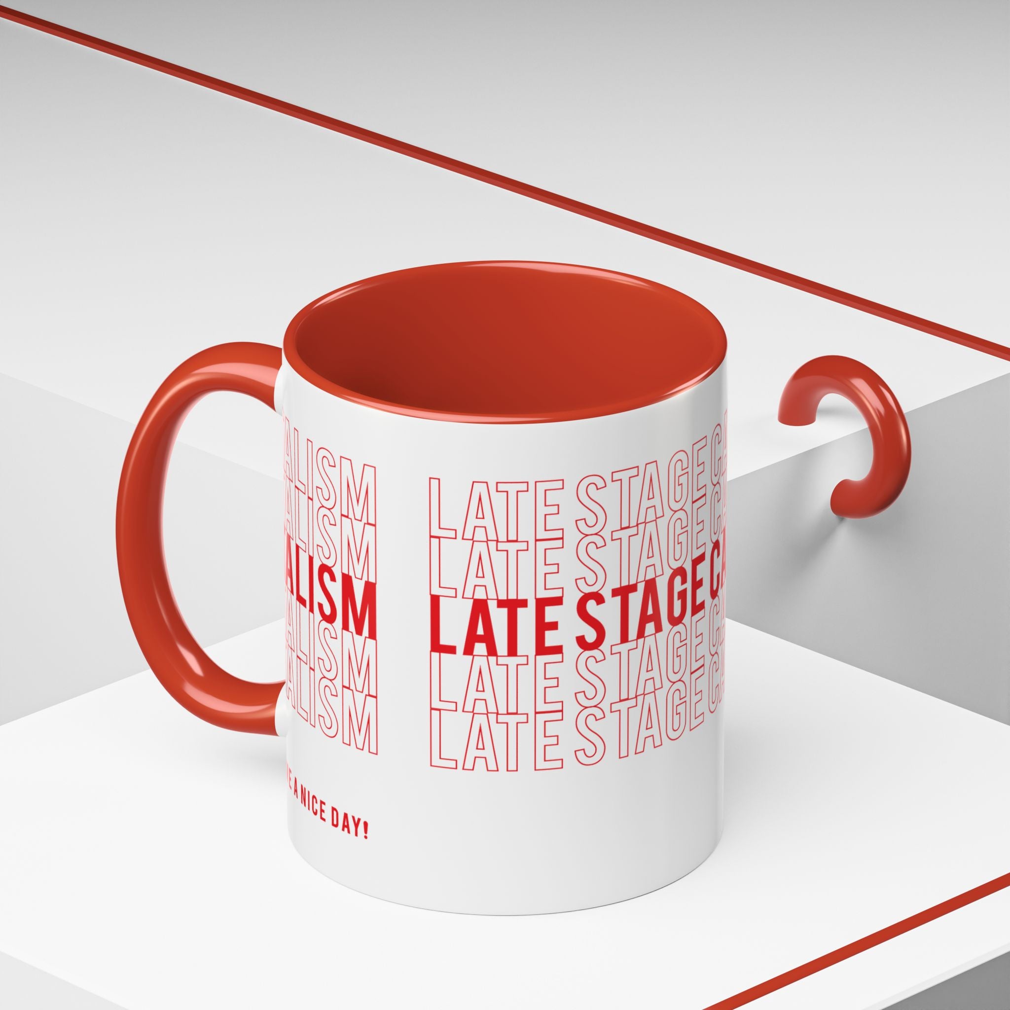 Accent Coffee Mug — “Late Stage Capitalism” Retro Repeat Text Coffee Mug