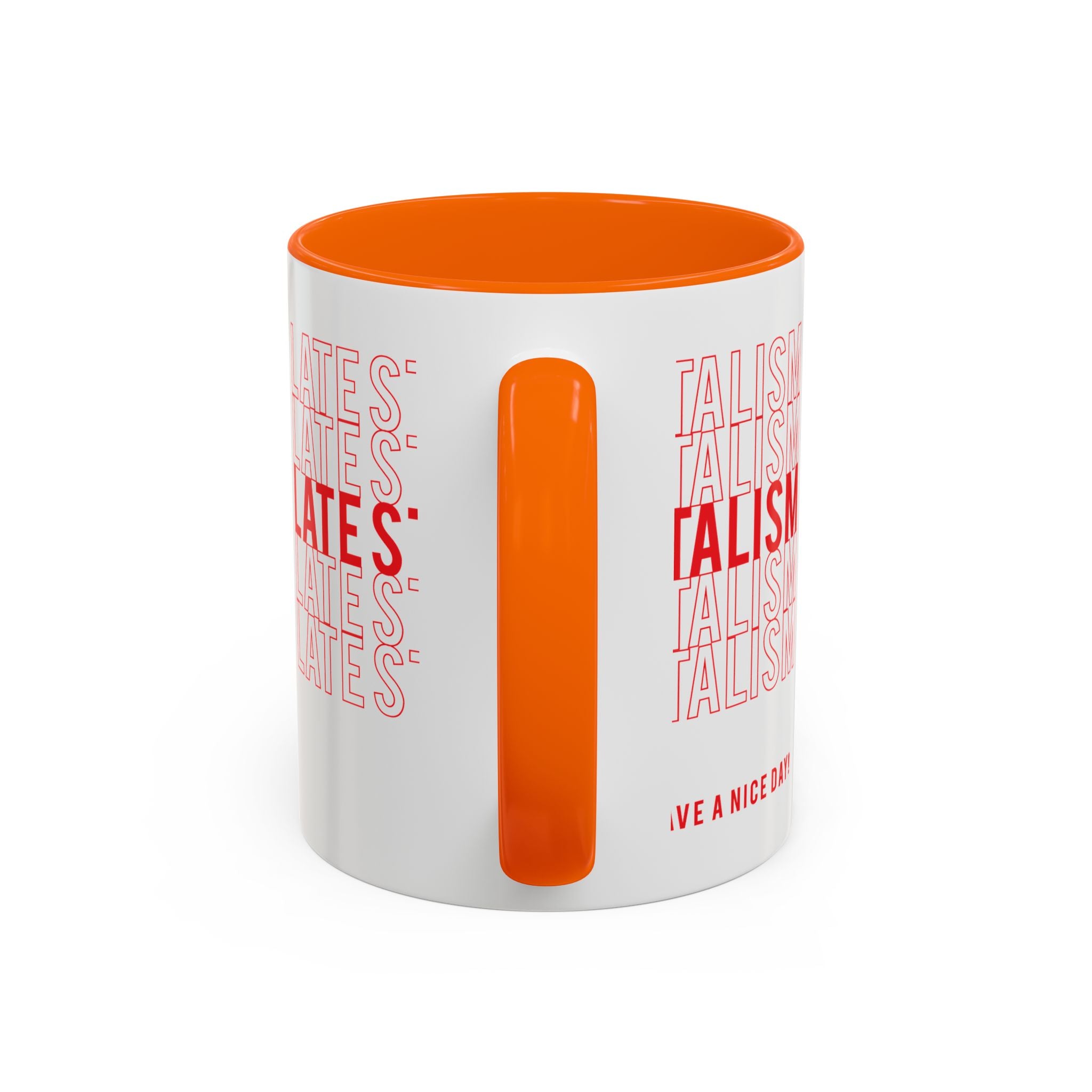 Accent Coffee Mug — “Late Stage Capitalism” Retro Repeat Text Coffee Mug
