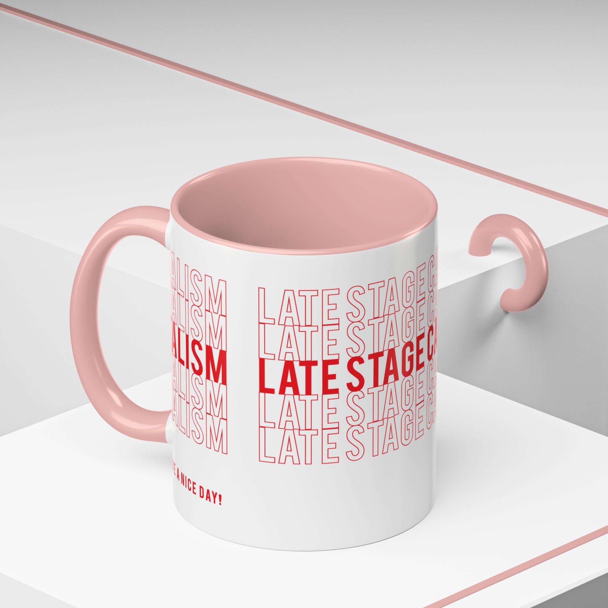 Accent Coffee Mug — “Late Stage Capitalism” Retro Repeat Text Coffee Mug