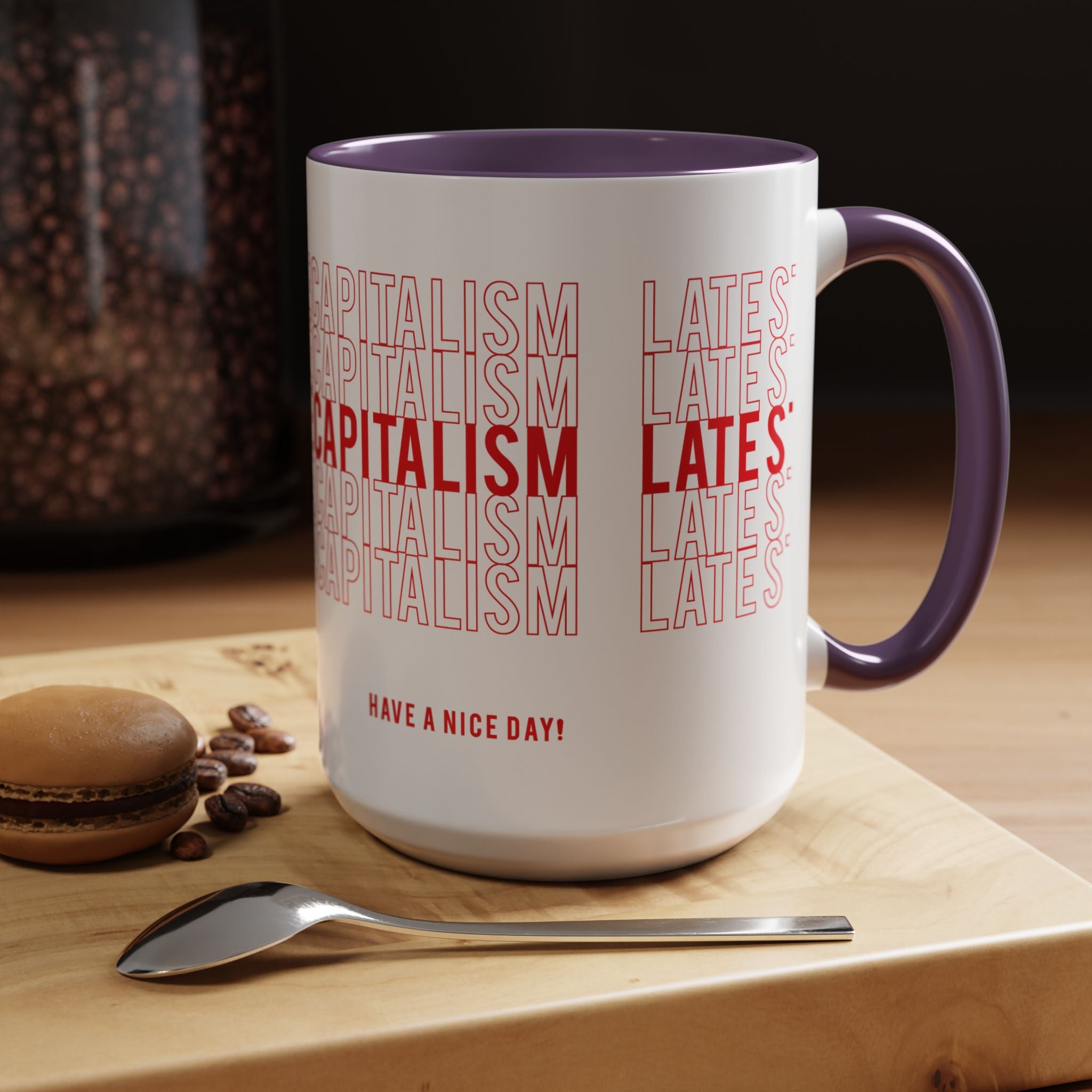 Accent Coffee Mug — “Late Stage Capitalism” Retro Repeat Text Coffee Mug