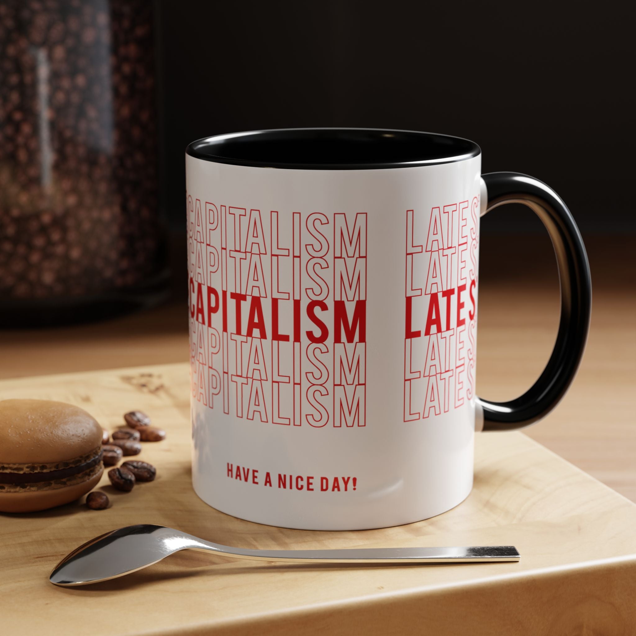 Accent Coffee Mug — “Late Stage Capitalism” Retro Repeat Text Coffee Mug