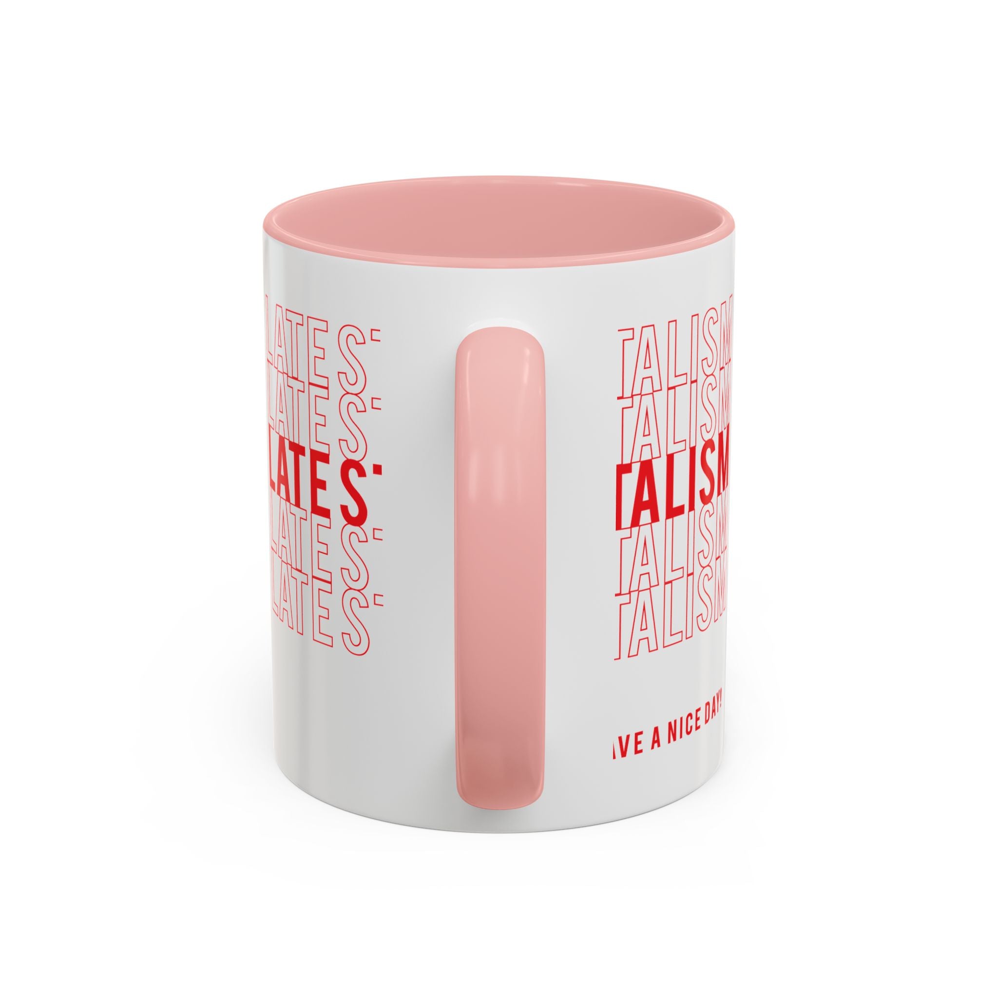 Accent Coffee Mug — “Late Stage Capitalism” Retro Repeat Text Coffee Mug