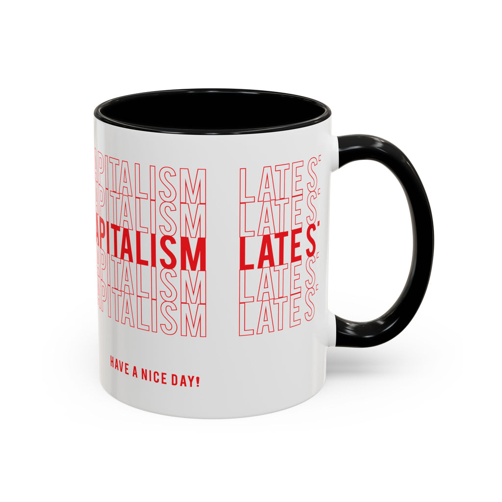 Accent Coffee Mug — “Late Stage Capitalism” Retro Repeat Text Coffee Mug