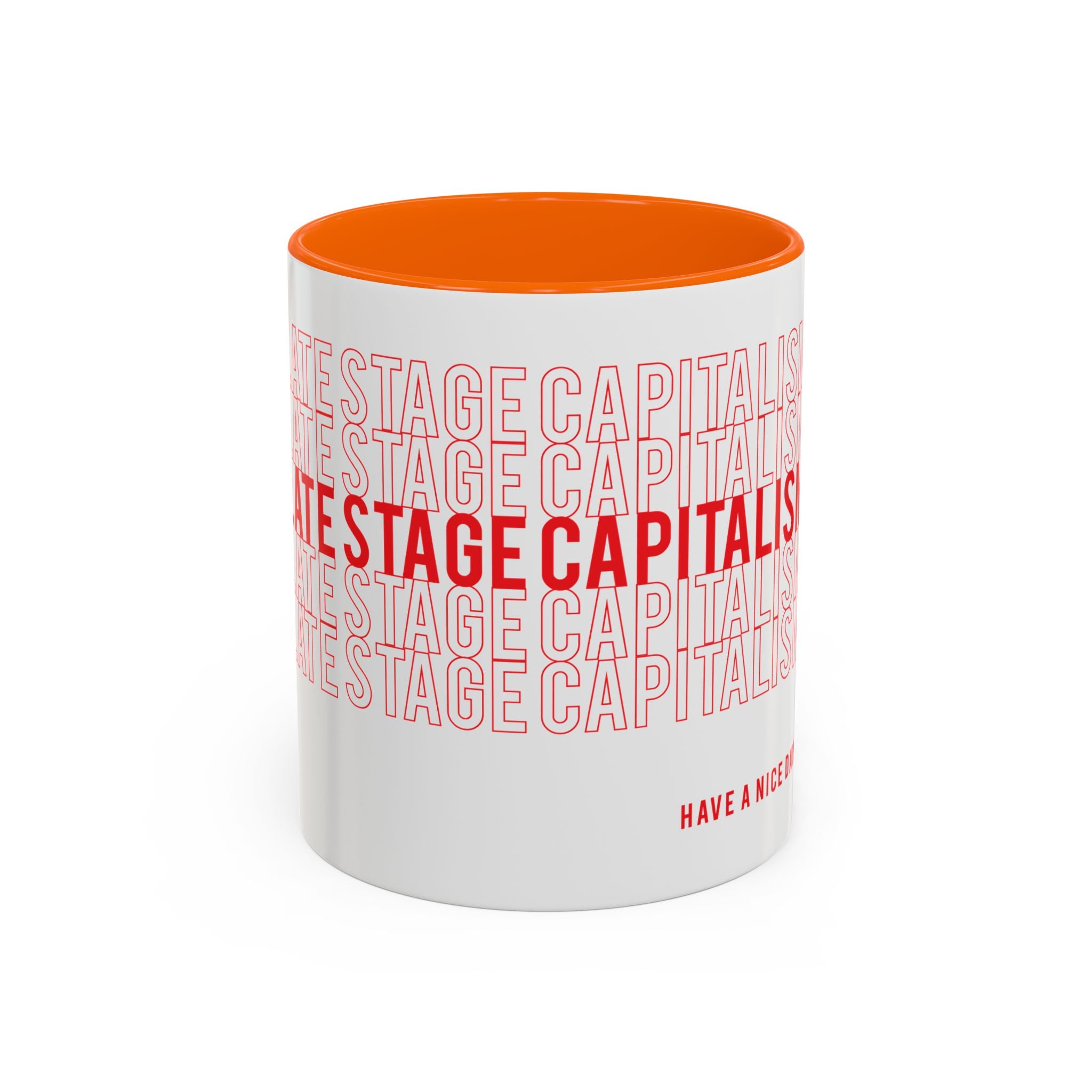 Accent Coffee Mug — “Late Stage Capitalism” Retro Repeat Text Coffee Mug