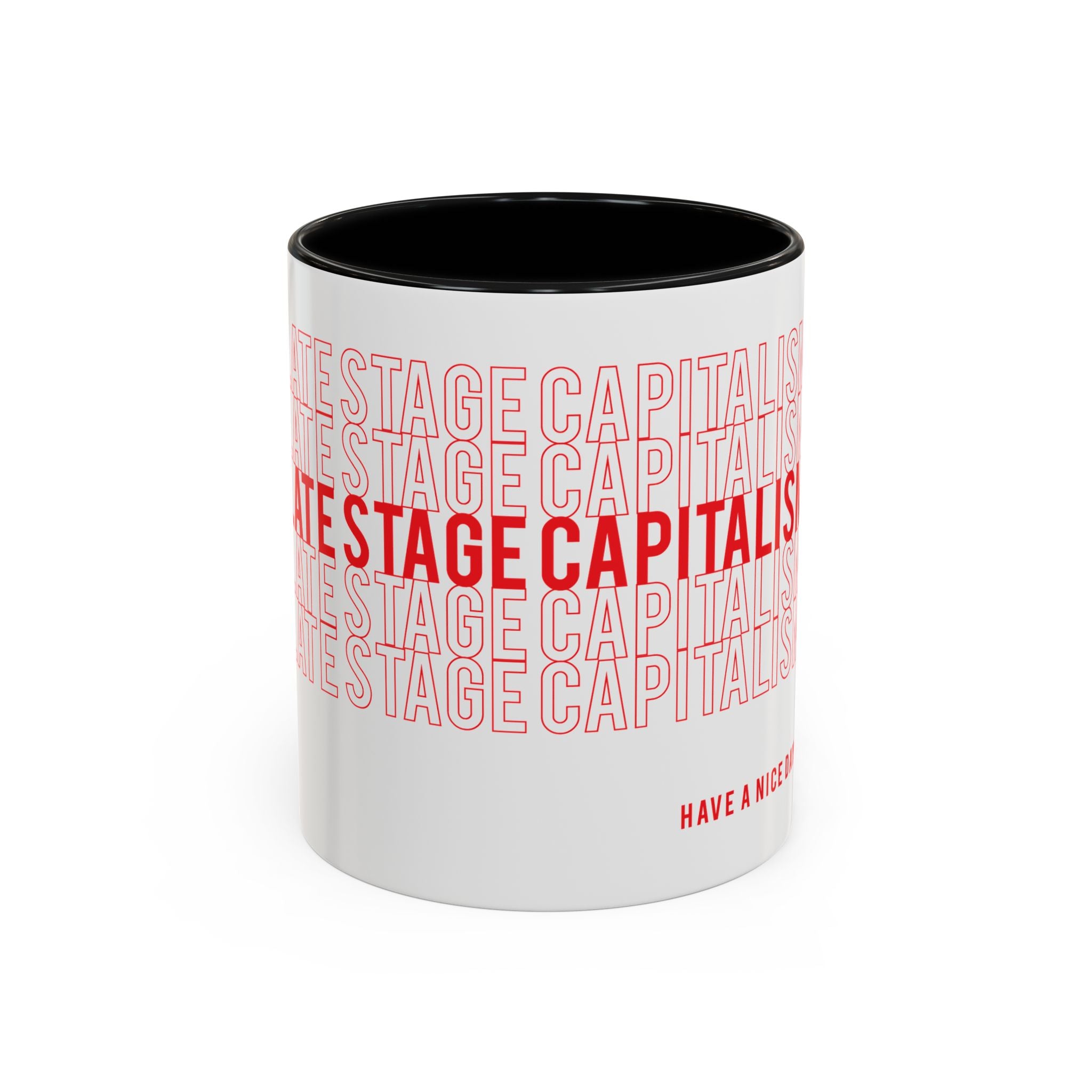 Accent Coffee Mug — “Late Stage Capitalism” Retro Repeat Text Coffee Mug