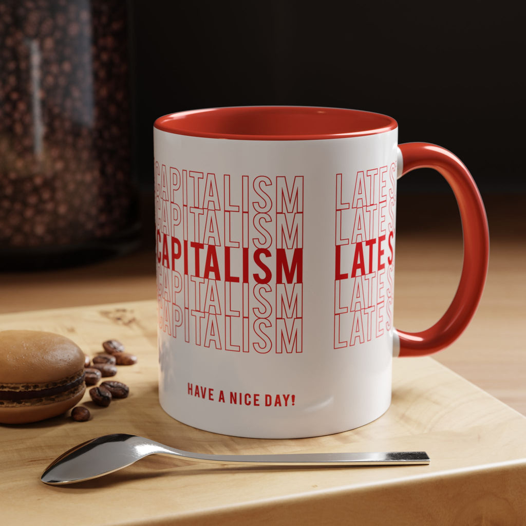 Accent Coffee Mug — “Late Stage Capitalism” Retro Repeat Text Coffee Mug