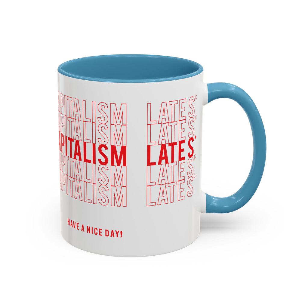 Accent Coffee Mug — “Late Stage Capitalism” Retro Repeat Text Coffee Mug