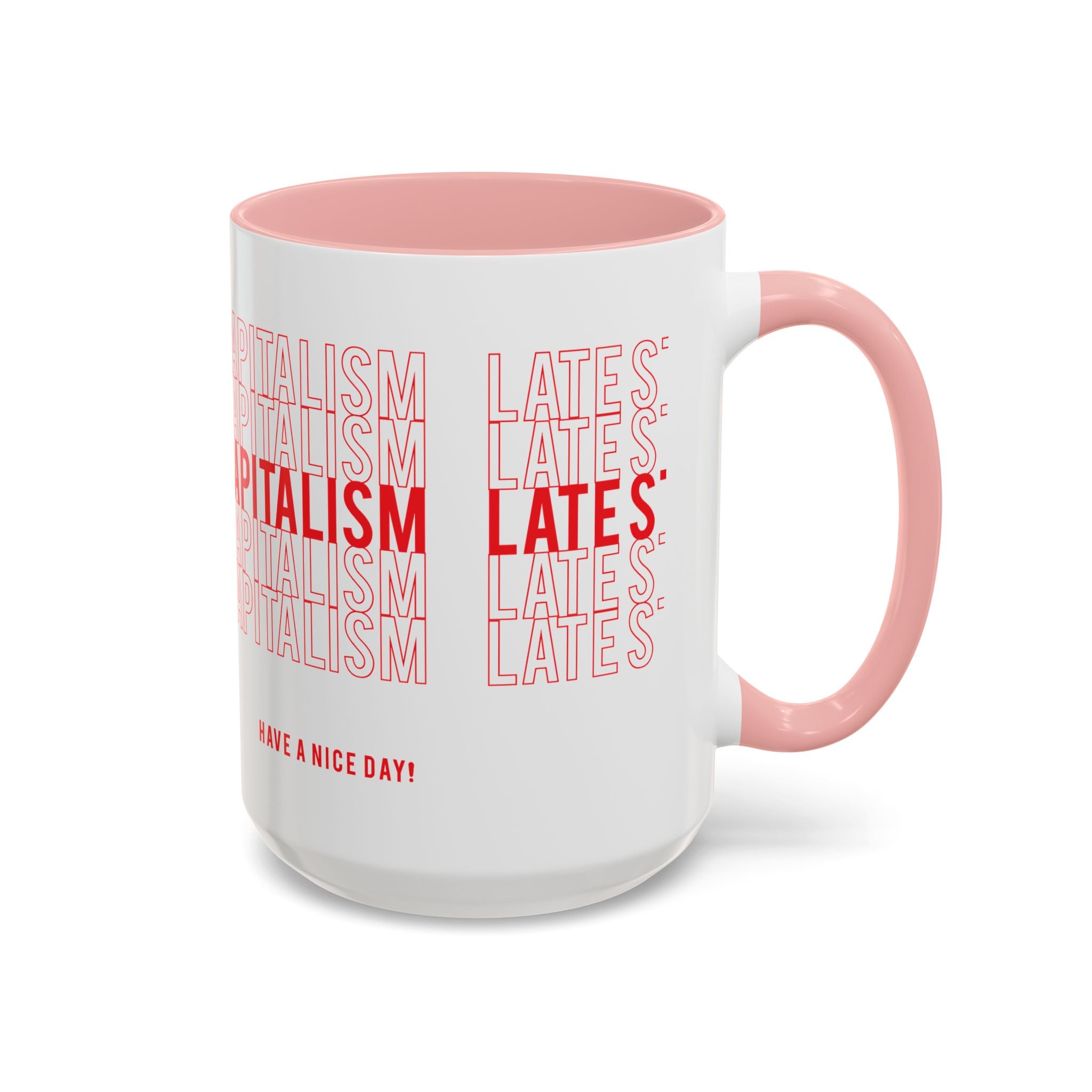 Accent Coffee Mug — “Late Stage Capitalism” Retro Repeat Text Coffee Mug