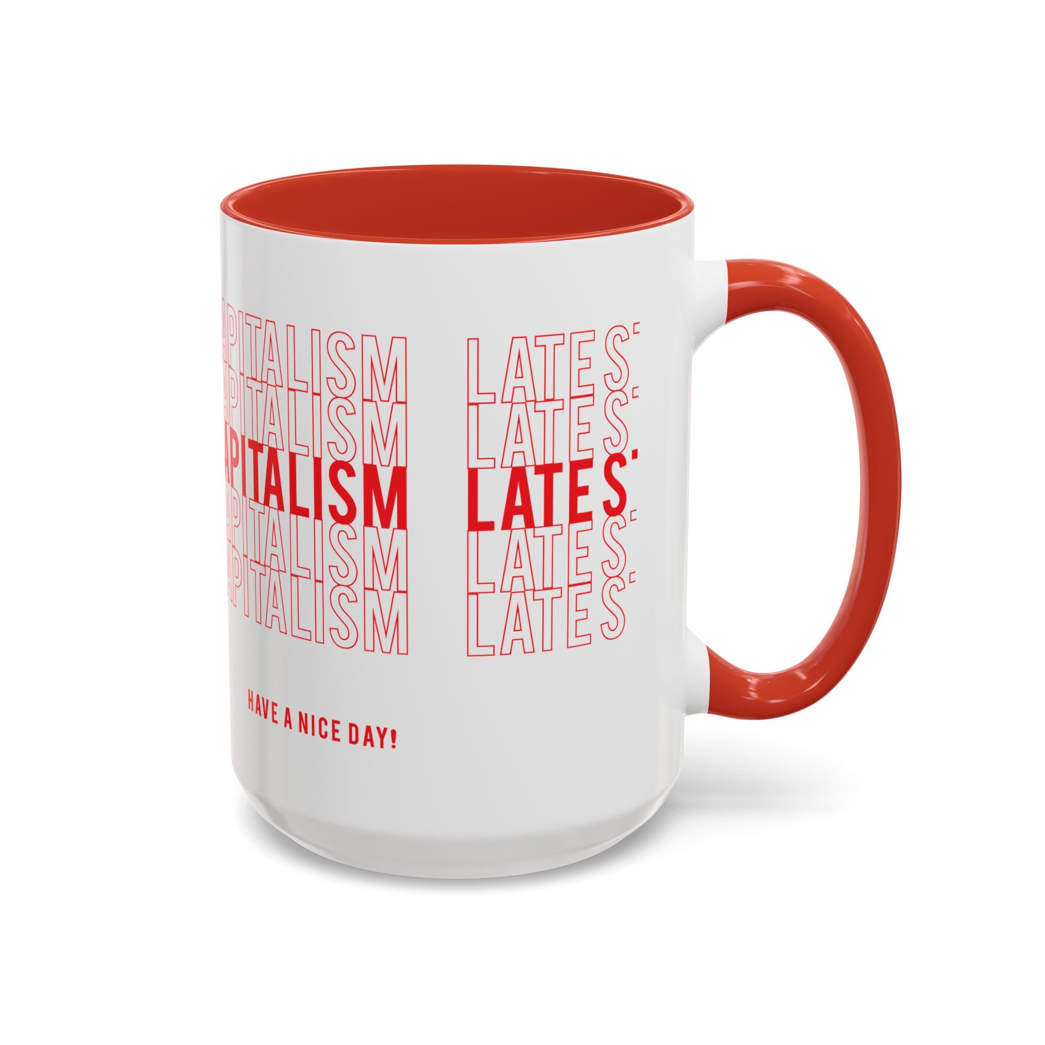 Accent Coffee Mug — “Late Stage Capitalism” Retro Repeat Text Coffee Mug