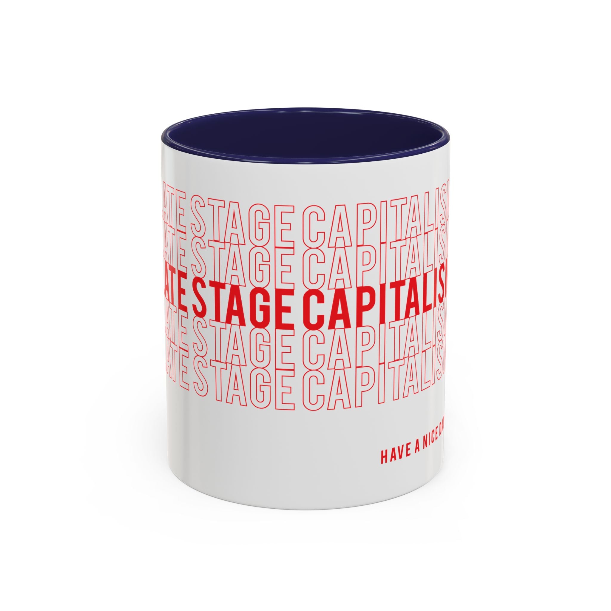 Accent Coffee Mug — “Late Stage Capitalism” Retro Repeat Text Coffee Mug