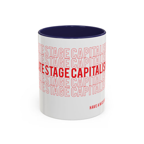 Accent Coffee Mug — “Late Stage Capitalism” Retro Repeat Text Coffee Mug