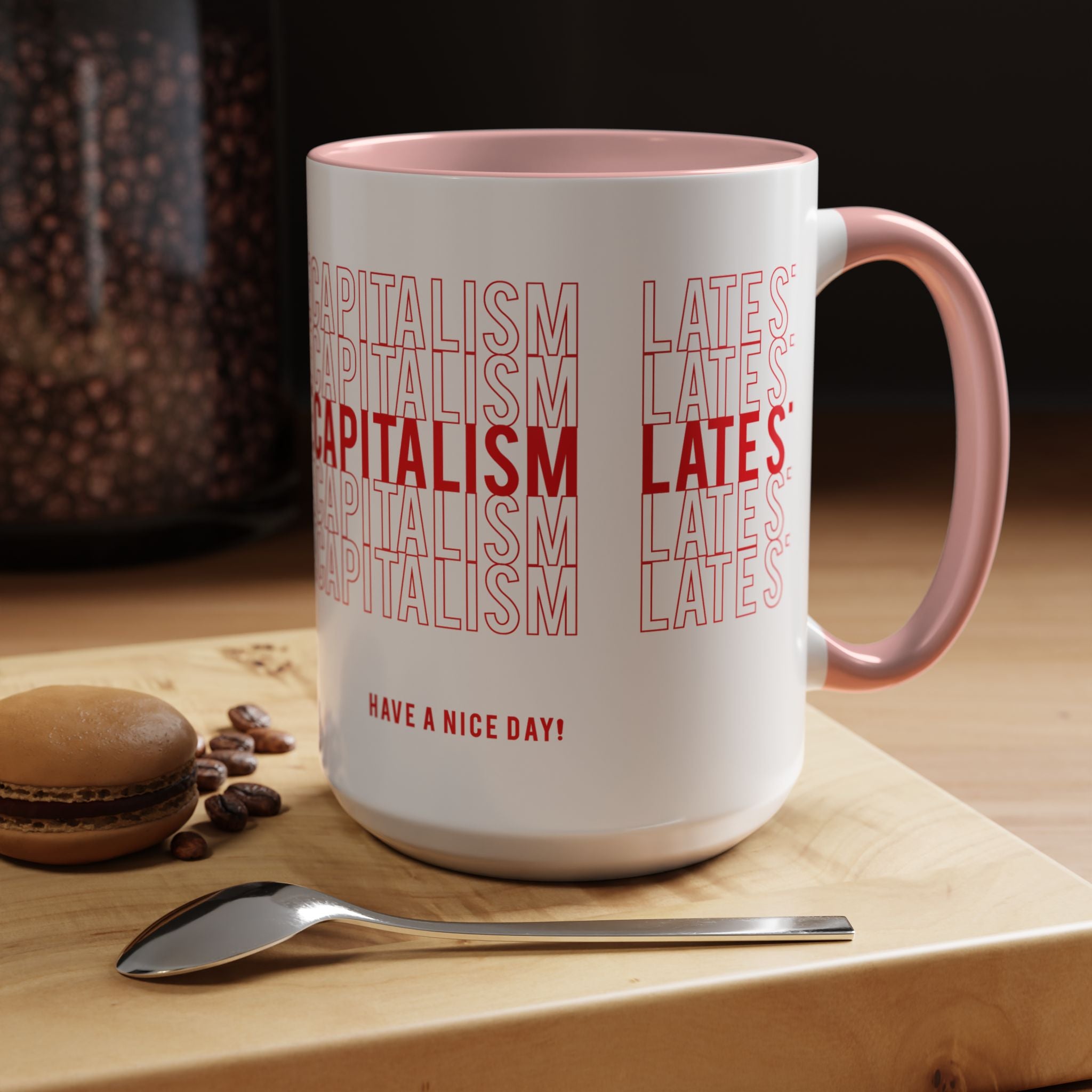 Accent Coffee Mug — “Late Stage Capitalism” Retro Repeat Text Coffee Mug