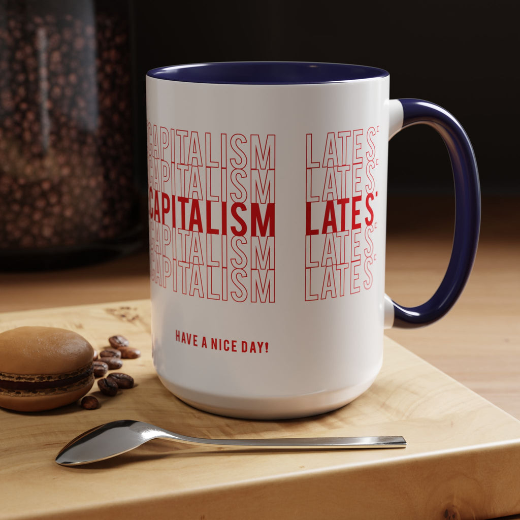 Accent Coffee Mug — “Late Stage Capitalism” Retro Repeat Text Coffee Mug