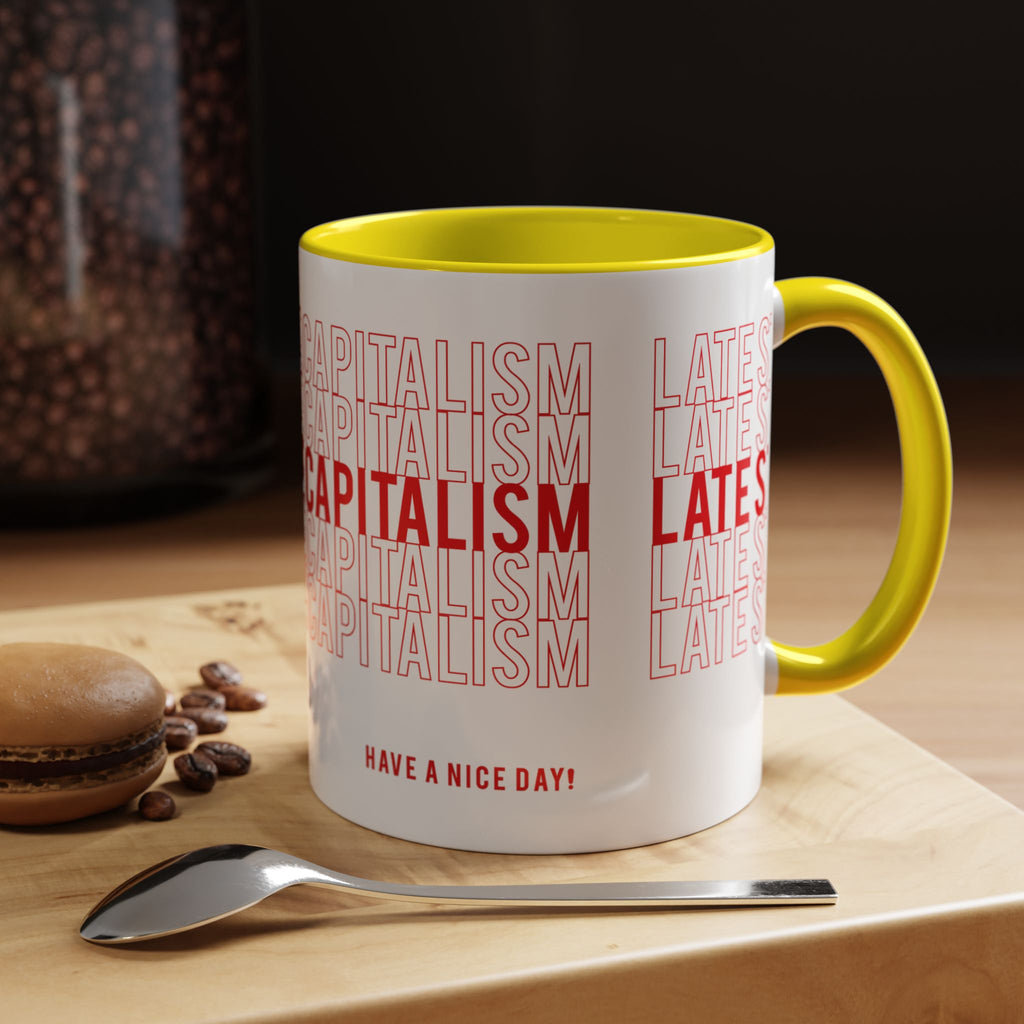 Accent Coffee Mug — “Late Stage Capitalism” Retro Repeat Text Coffee Mug