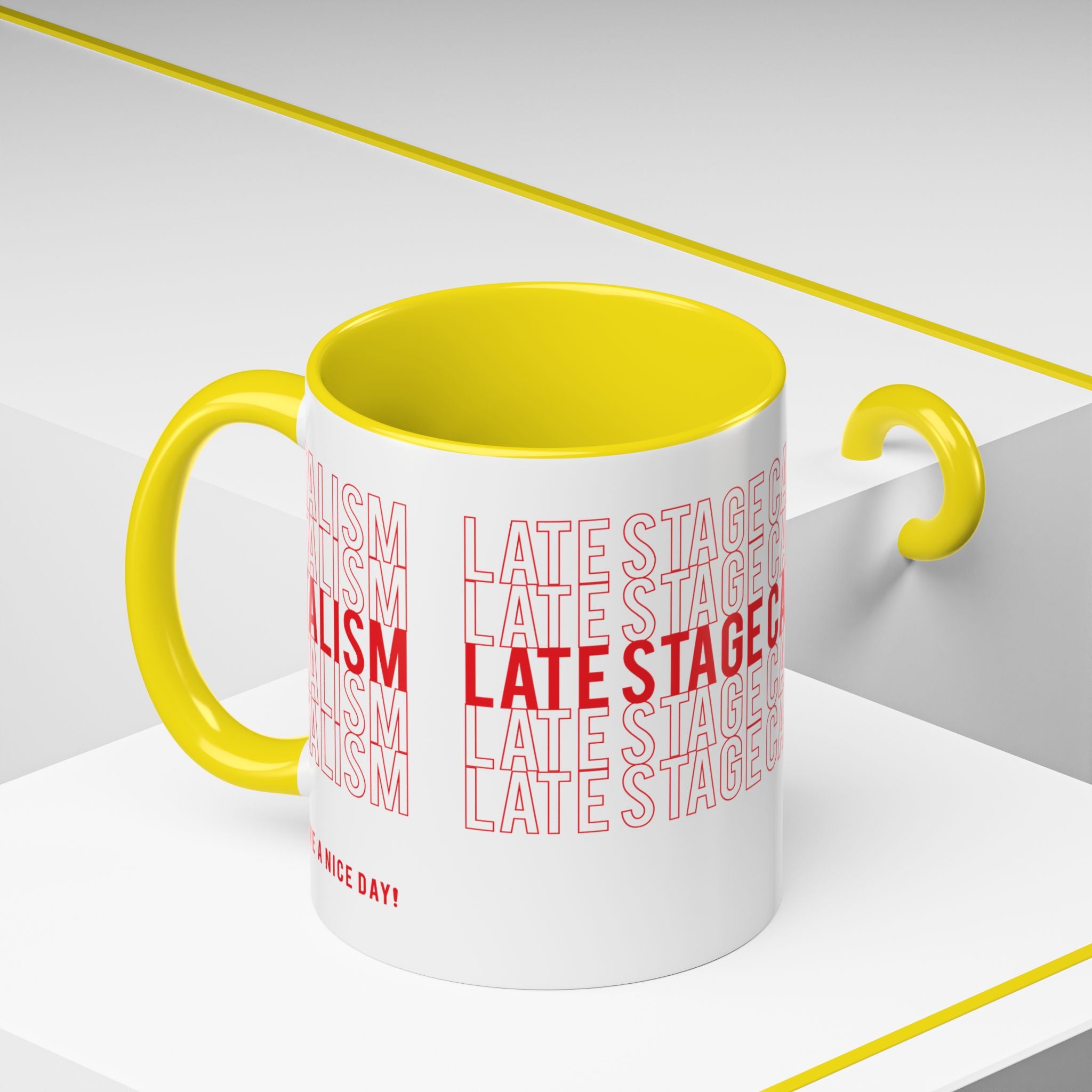 Accent Coffee Mug — “Late Stage Capitalism” Retro Repeat Text Coffee Mug