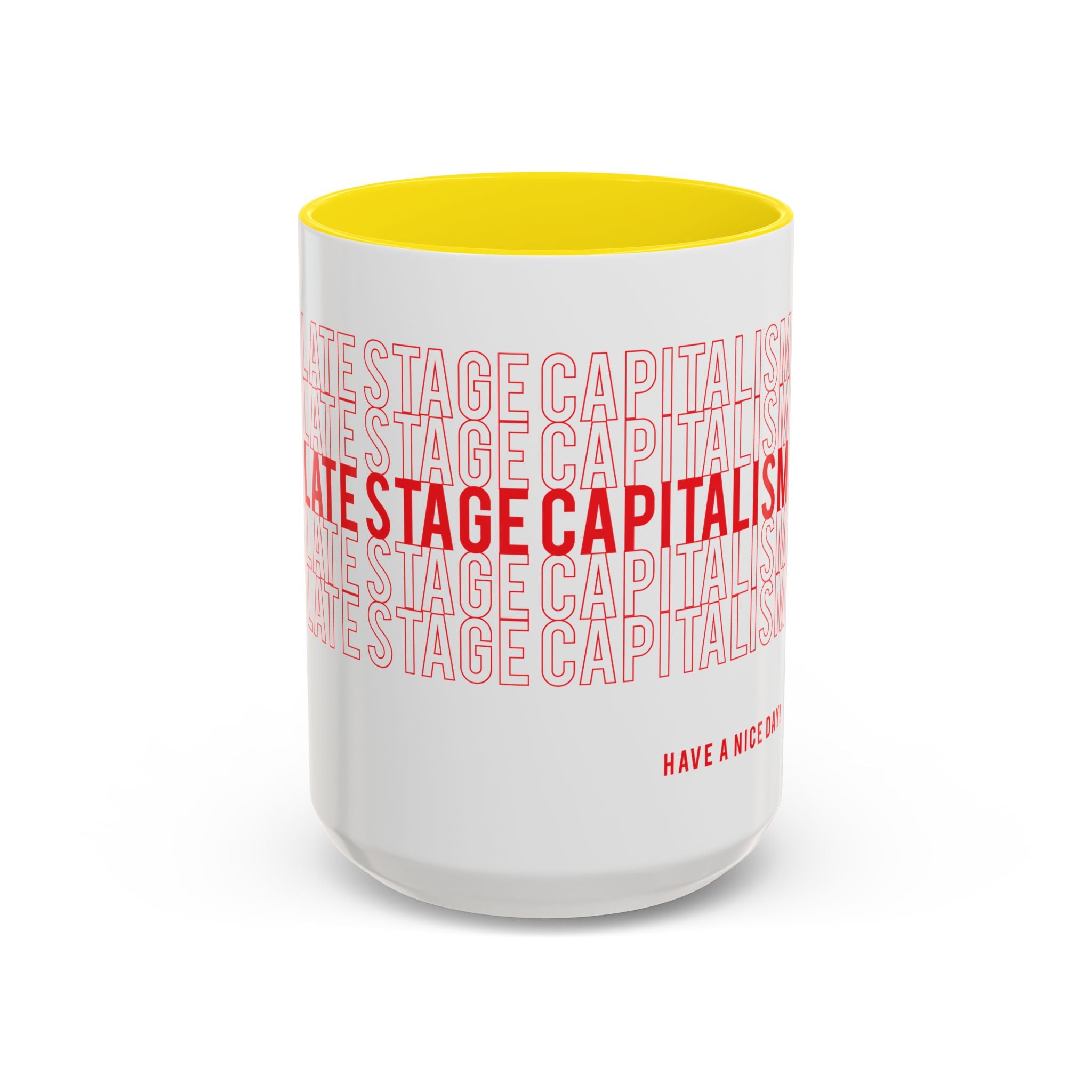 Accent Coffee Mug — “Late Stage Capitalism” Retro Repeat Text Coffee Mug