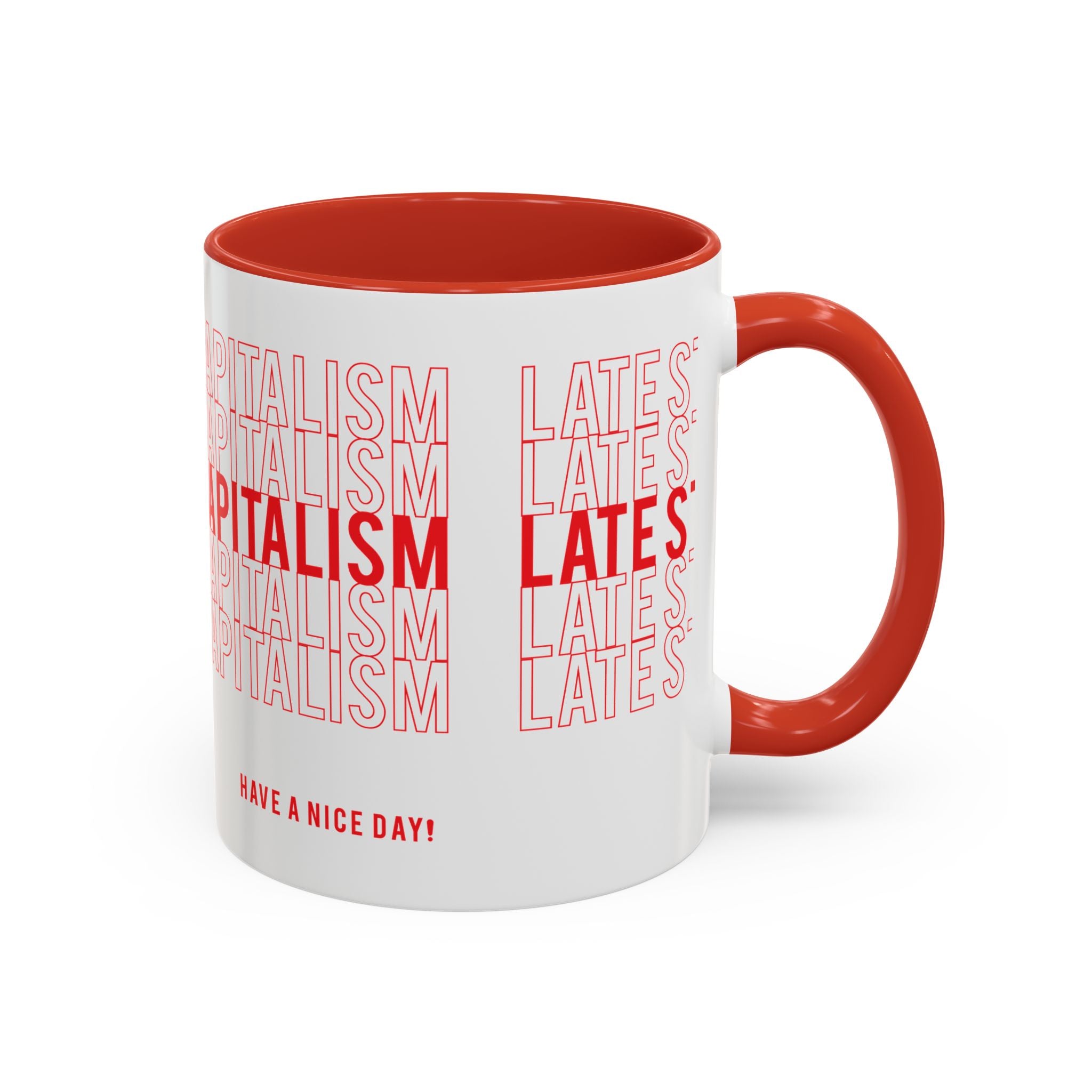 Accent Coffee Mug — “Late Stage Capitalism” Retro Repeat Text Coffee Mug
