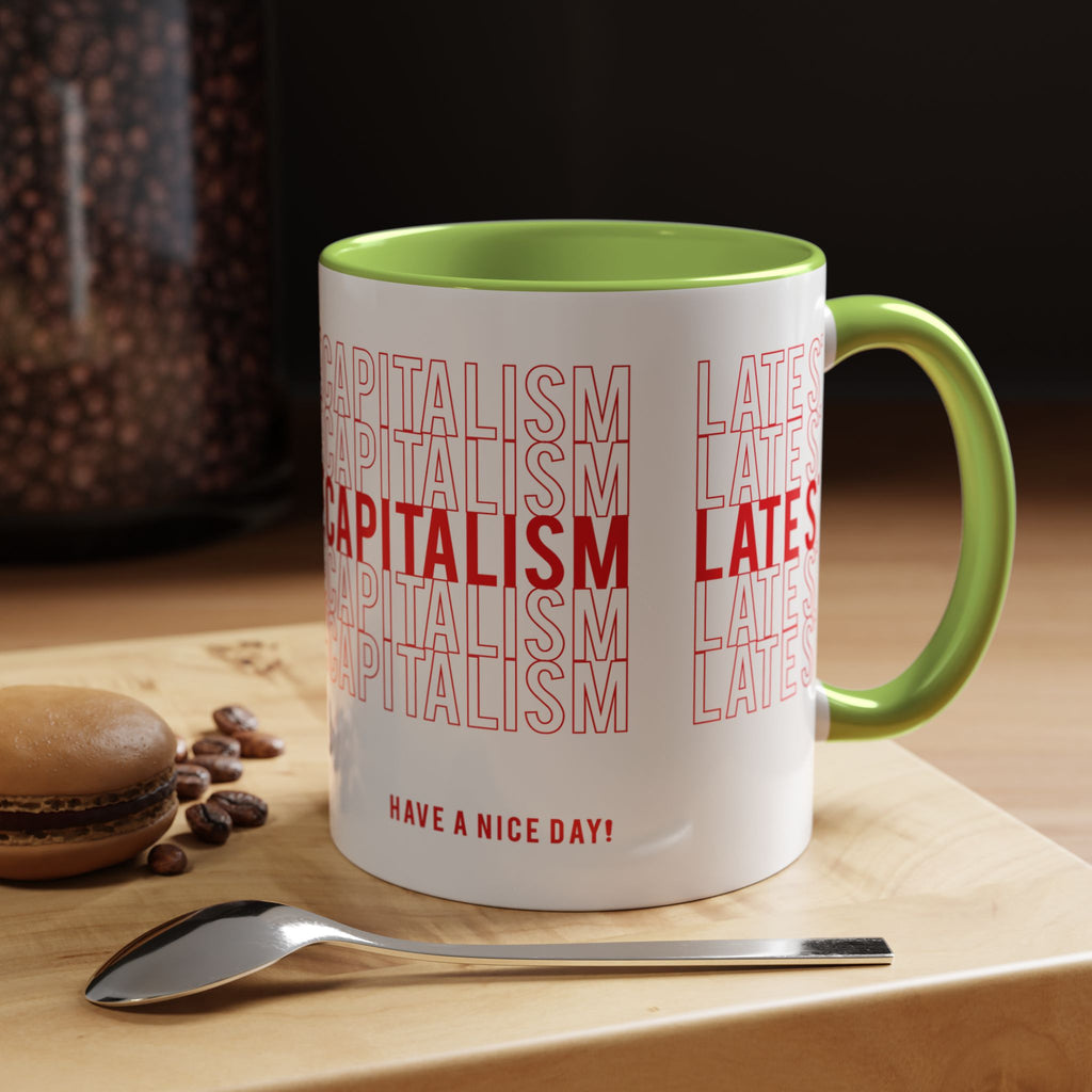 Accent Coffee Mug — “Late Stage Capitalism” Retro Repeat Text Coffee Mug