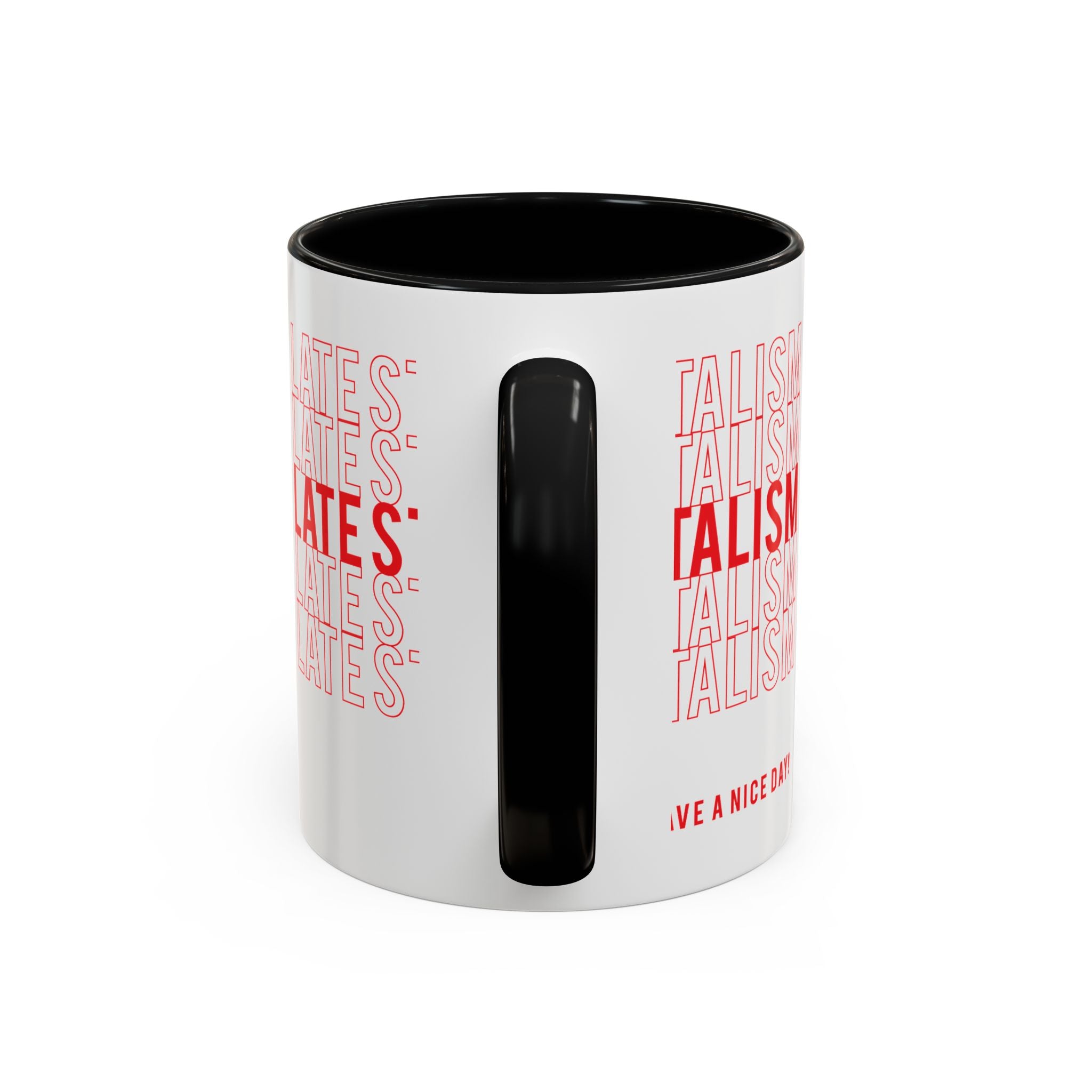 Accent Coffee Mug — “Late Stage Capitalism” Retro Repeat Text Coffee Mug