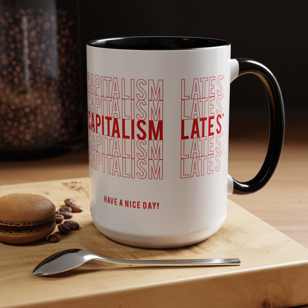 Accent Coffee Mug — “Late Stage Capitalism” Retro Repeat Text Coffee Mug