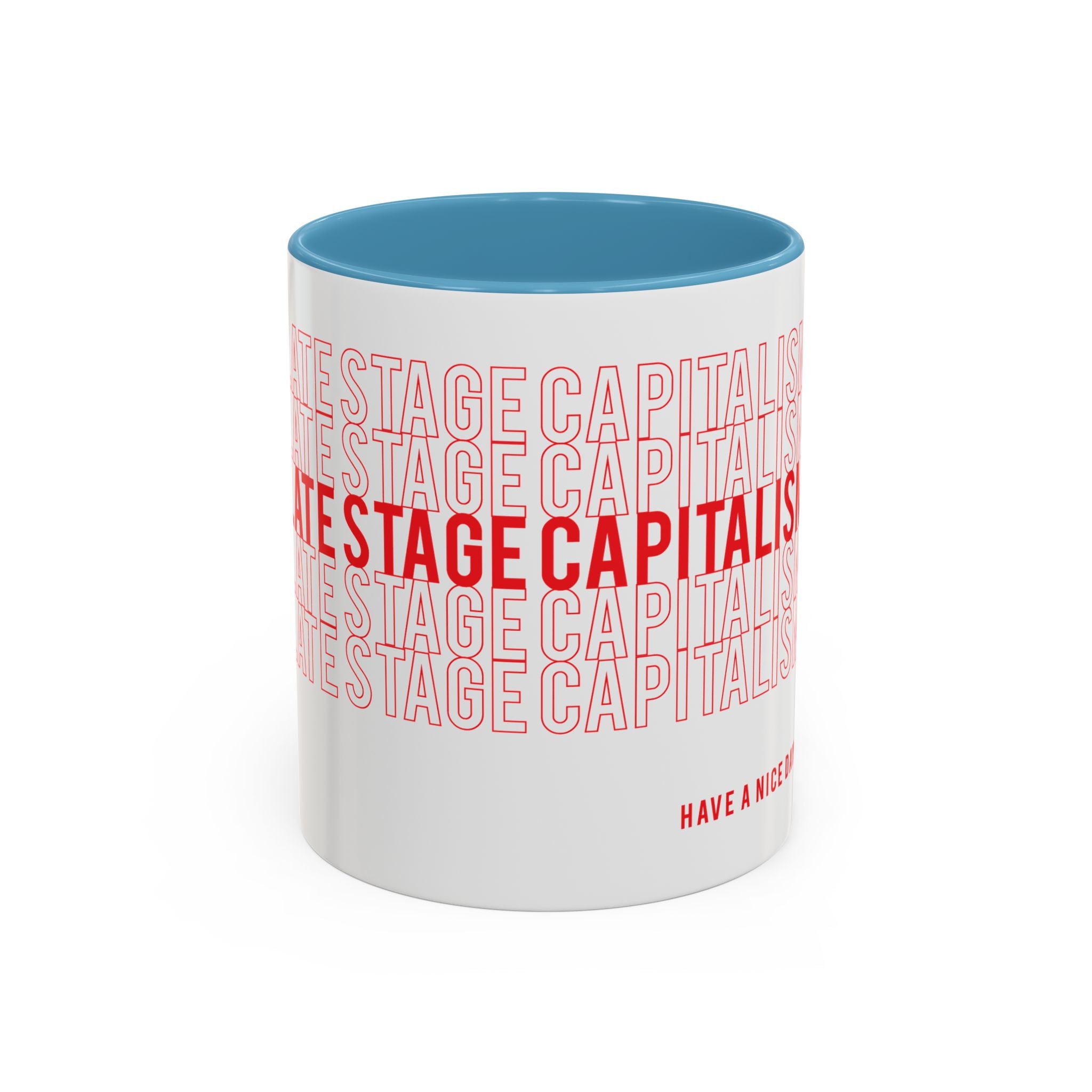 Accent Coffee Mug — “Late Stage Capitalism” Retro Repeat Text Coffee Mug