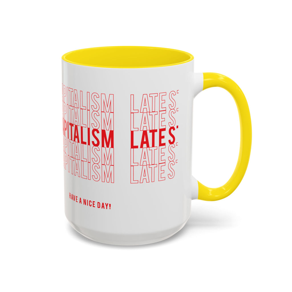 Accent Coffee Mug — “Late Stage Capitalism” Retro Repeat Text Coffee Mug
