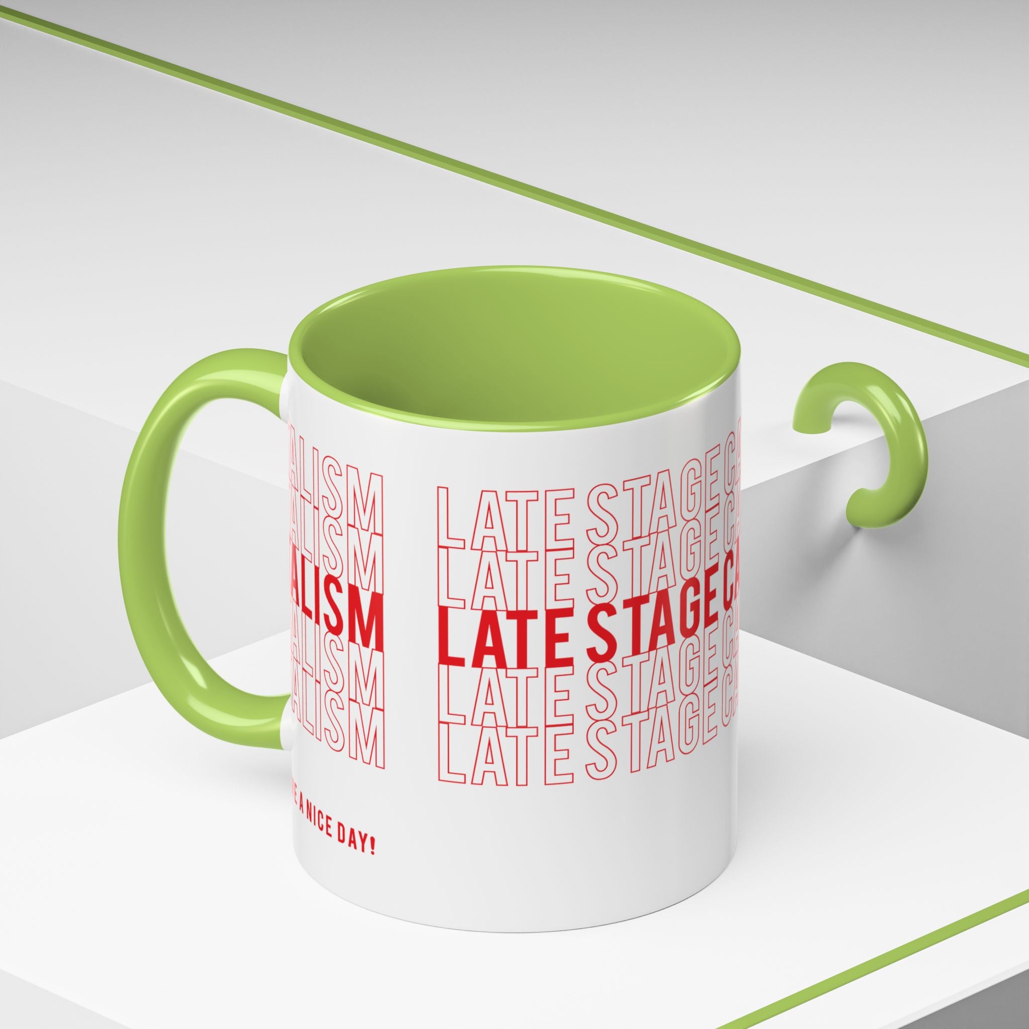 Accent Coffee Mug — “Late Stage Capitalism” Retro Repeat Text Coffee Mug
