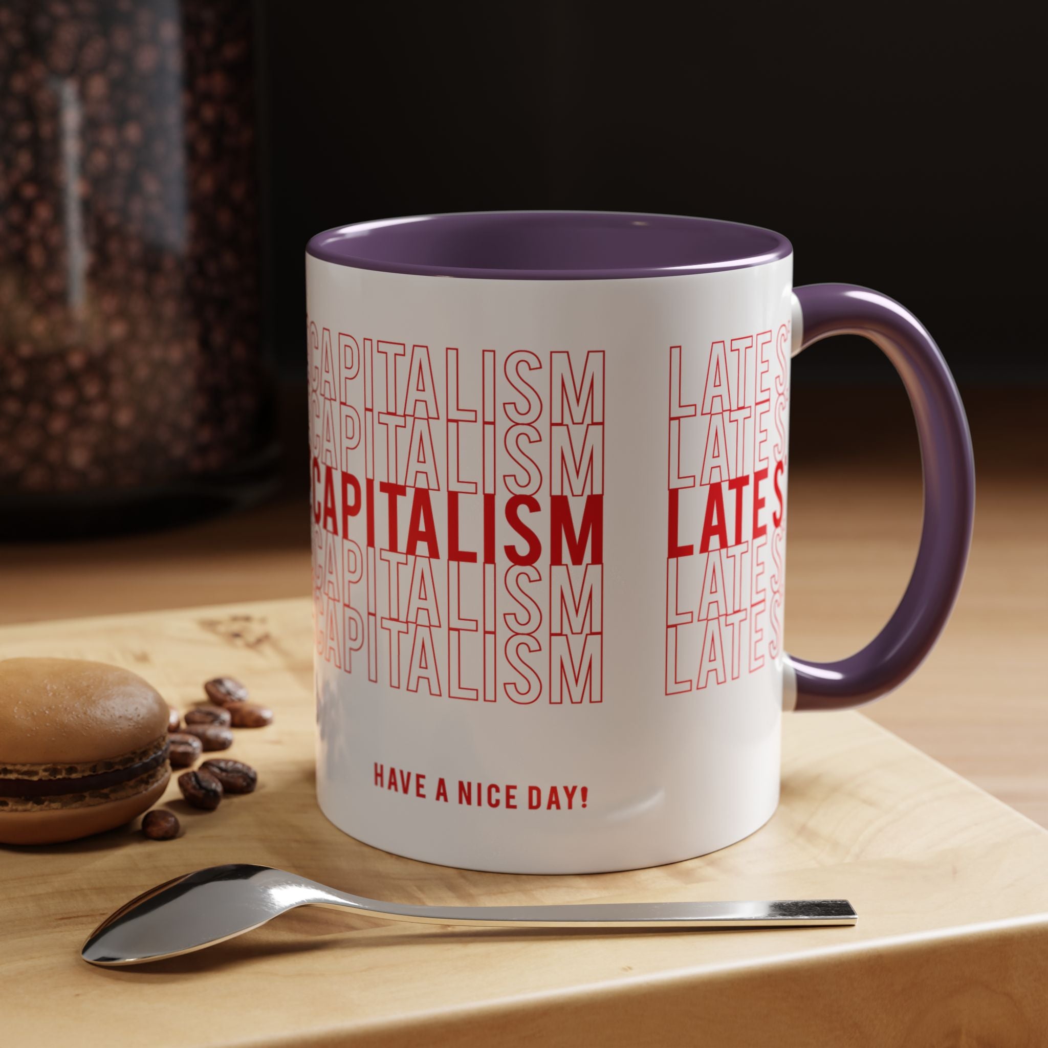 Accent Coffee Mug — “Late Stage Capitalism” Retro Repeat Text Coffee Mug