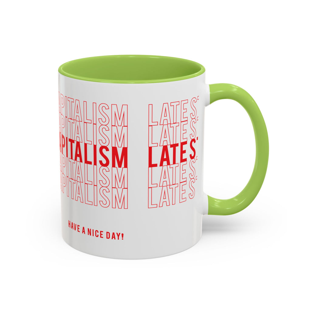 Accent Coffee Mug — “Late Stage Capitalism” Retro Repeat Text Coffee Mug