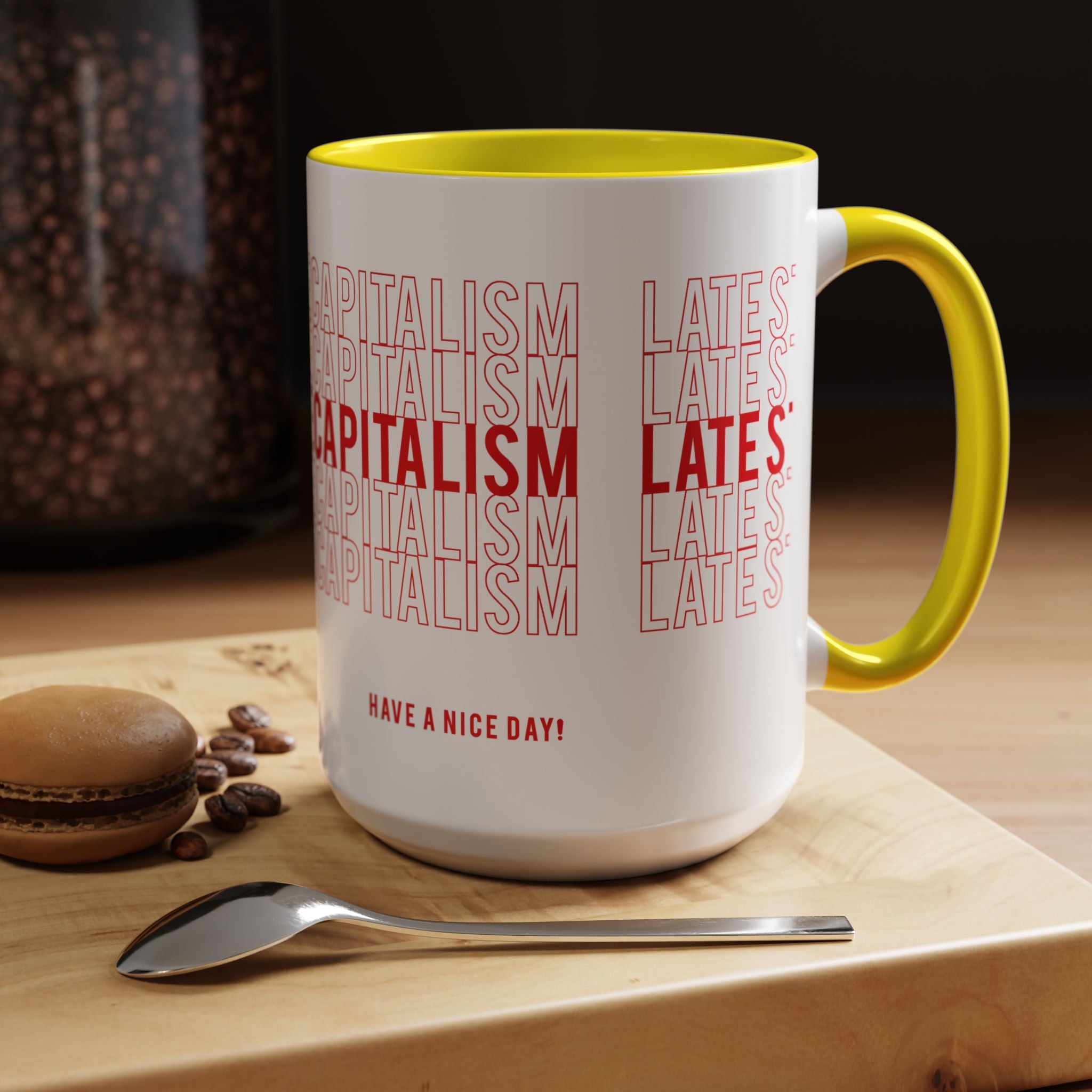 Accent Coffee Mug — “Late Stage Capitalism” Retro Repeat Text Coffee Mug