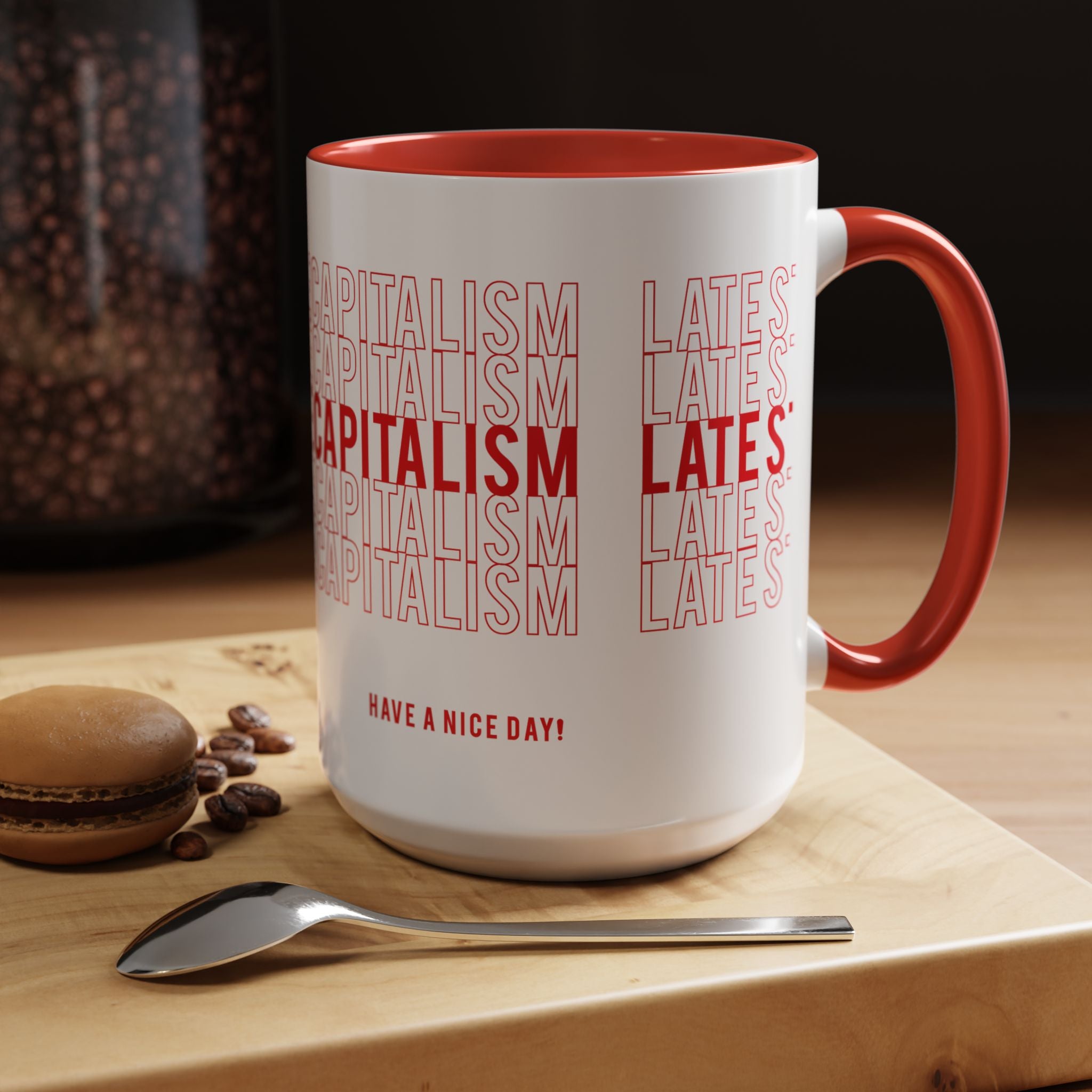 Accent Coffee Mug — “Late Stage Capitalism” Retro Repeat Text Coffee Mug