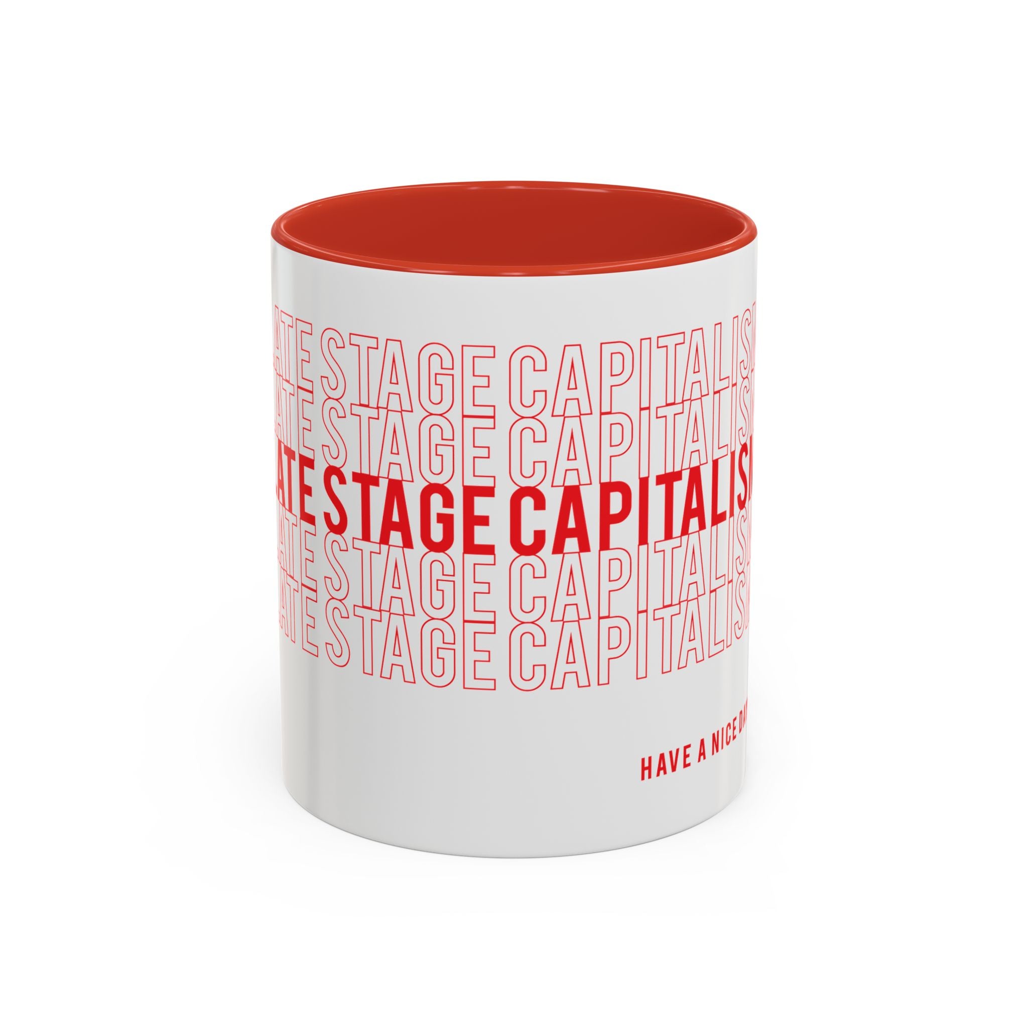 Accent Coffee Mug — “Late Stage Capitalism” Retro Repeat Text Coffee Mug
