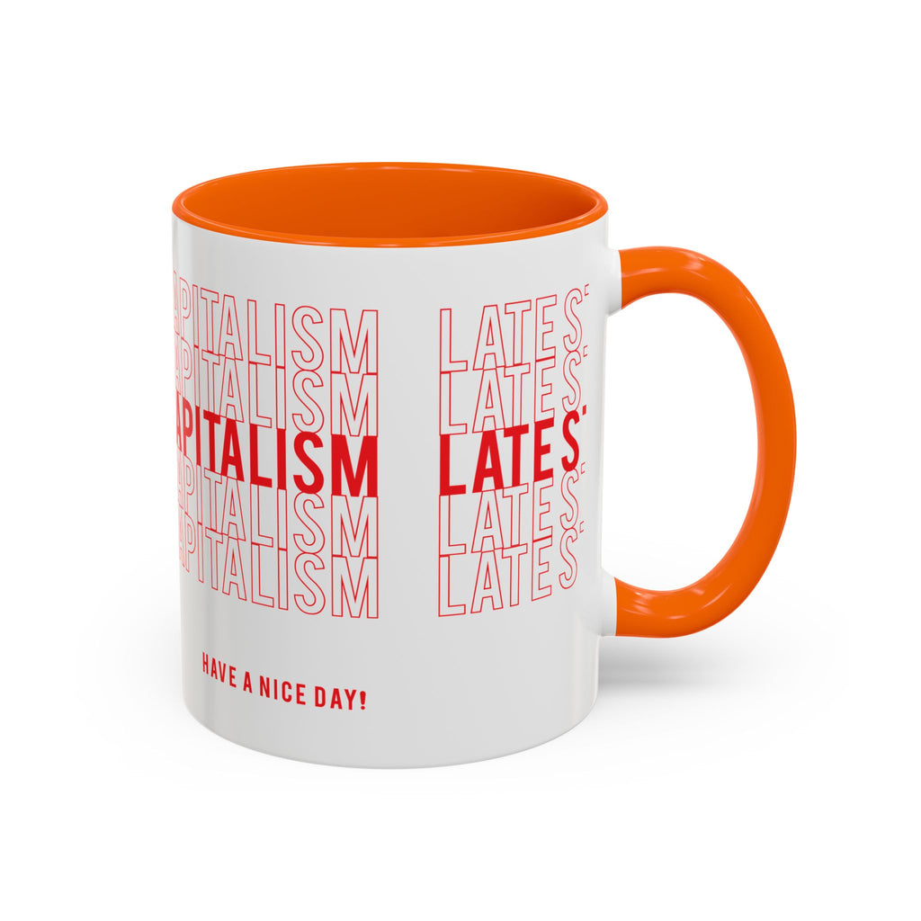 Accent Coffee Mug — “Late Stage Capitalism” Retro Repeat Text Coffee Mug