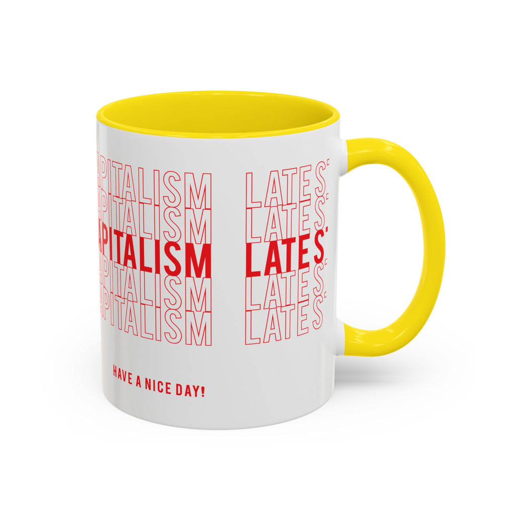 Accent Coffee Mug — “Late Stage Capitalism” Retro Repeat Text Coffee Mug