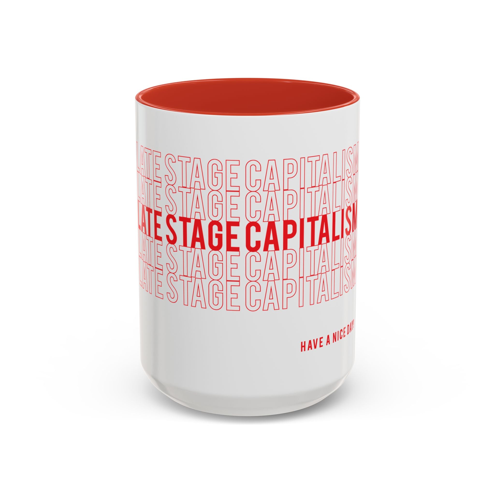 Accent Coffee Mug — “Late Stage Capitalism” Retro Repeat Text Coffee Mug