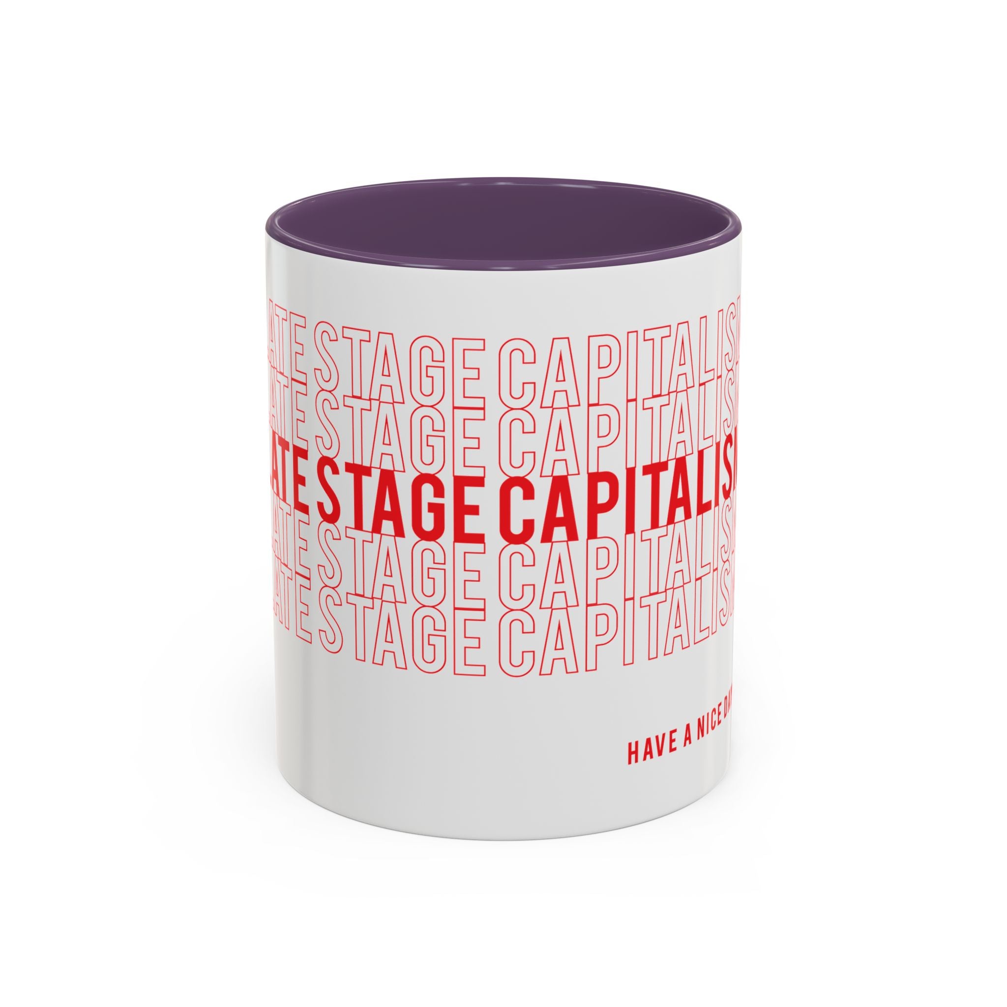 Accent Coffee Mug — “Late Stage Capitalism” Retro Repeat Text Coffee Mug