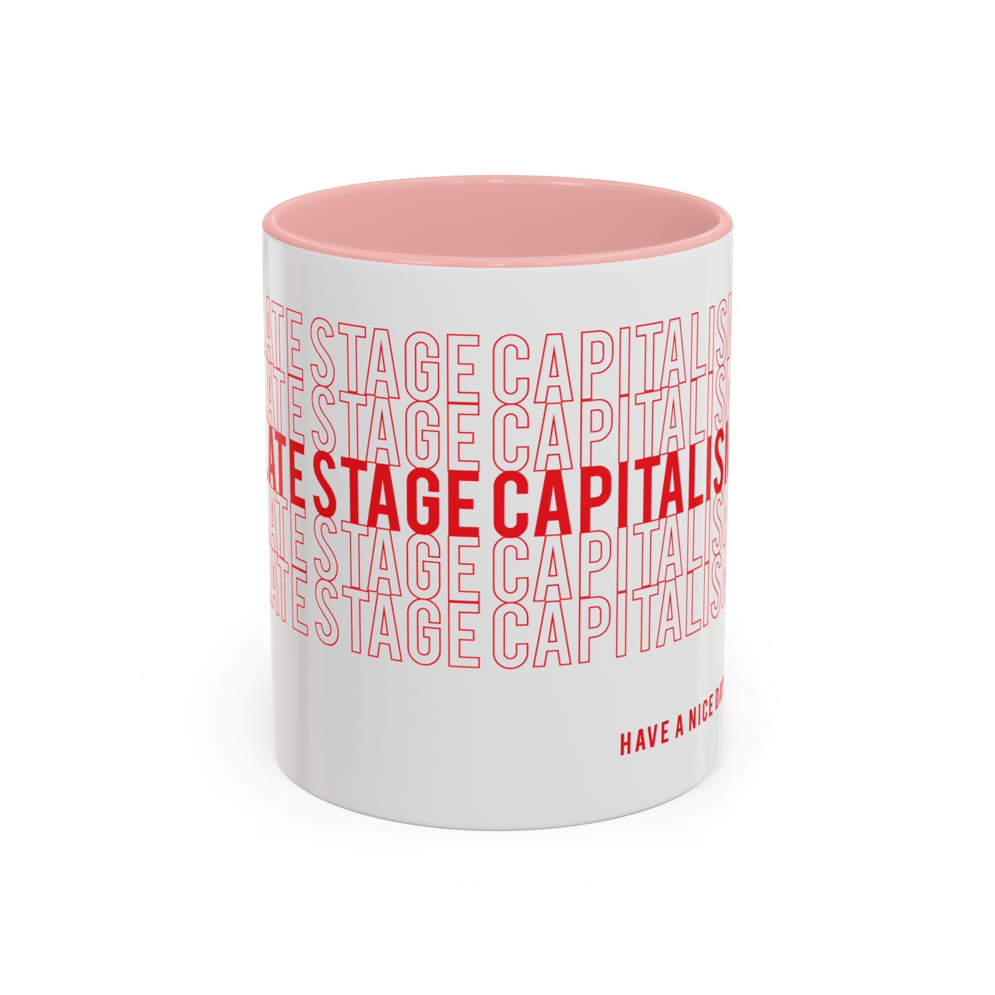 Accent Coffee Mug — “Late Stage Capitalism” Retro Repeat Text Coffee Mug