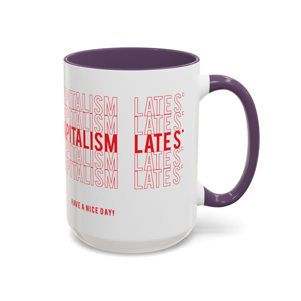 Accent Coffee Mug — “Late Stage Capitalism” Retro Repeat Text Coffee Mug