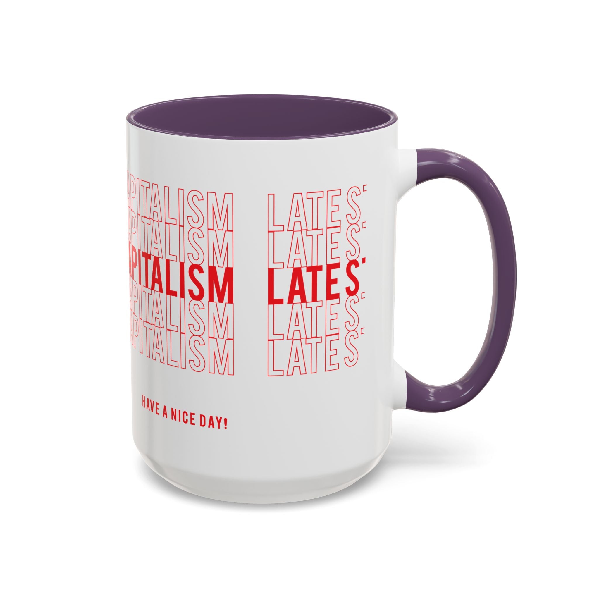 Accent Coffee Mug — “Late Stage Capitalism” Retro Repeat Text Coffee Mug