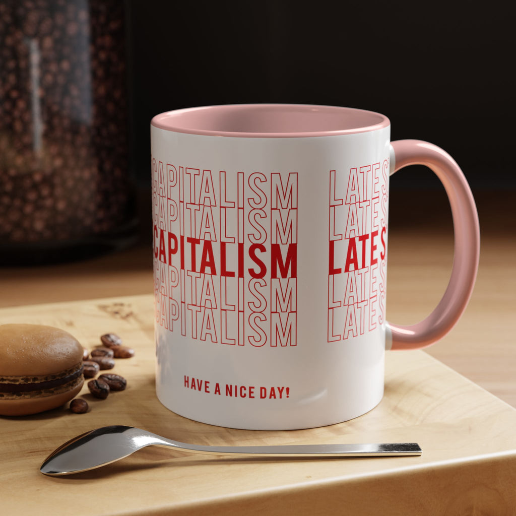 Accent Coffee Mug — “Late Stage Capitalism” Retro Repeat Text Coffee Mug