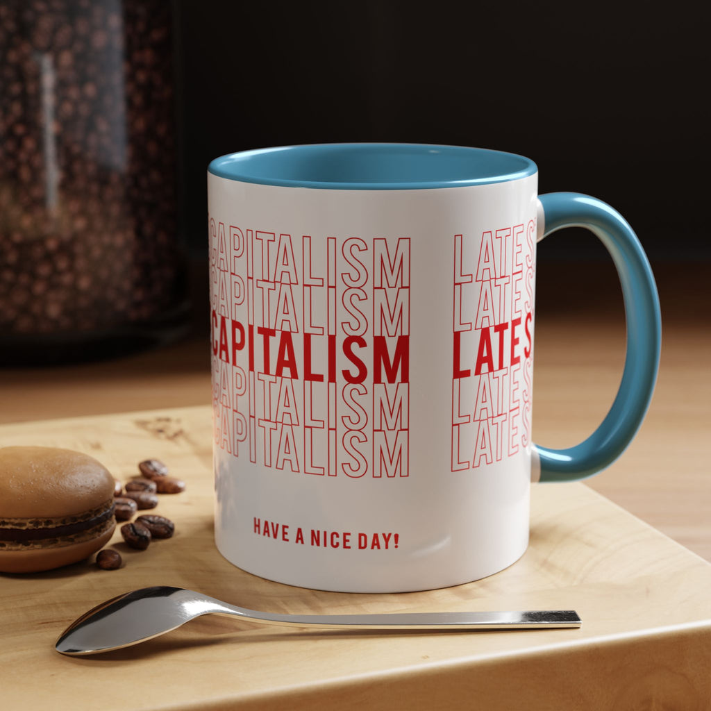 Accent Coffee Mug — “Late Stage Capitalism” Retro Repeat Text Coffee Mug