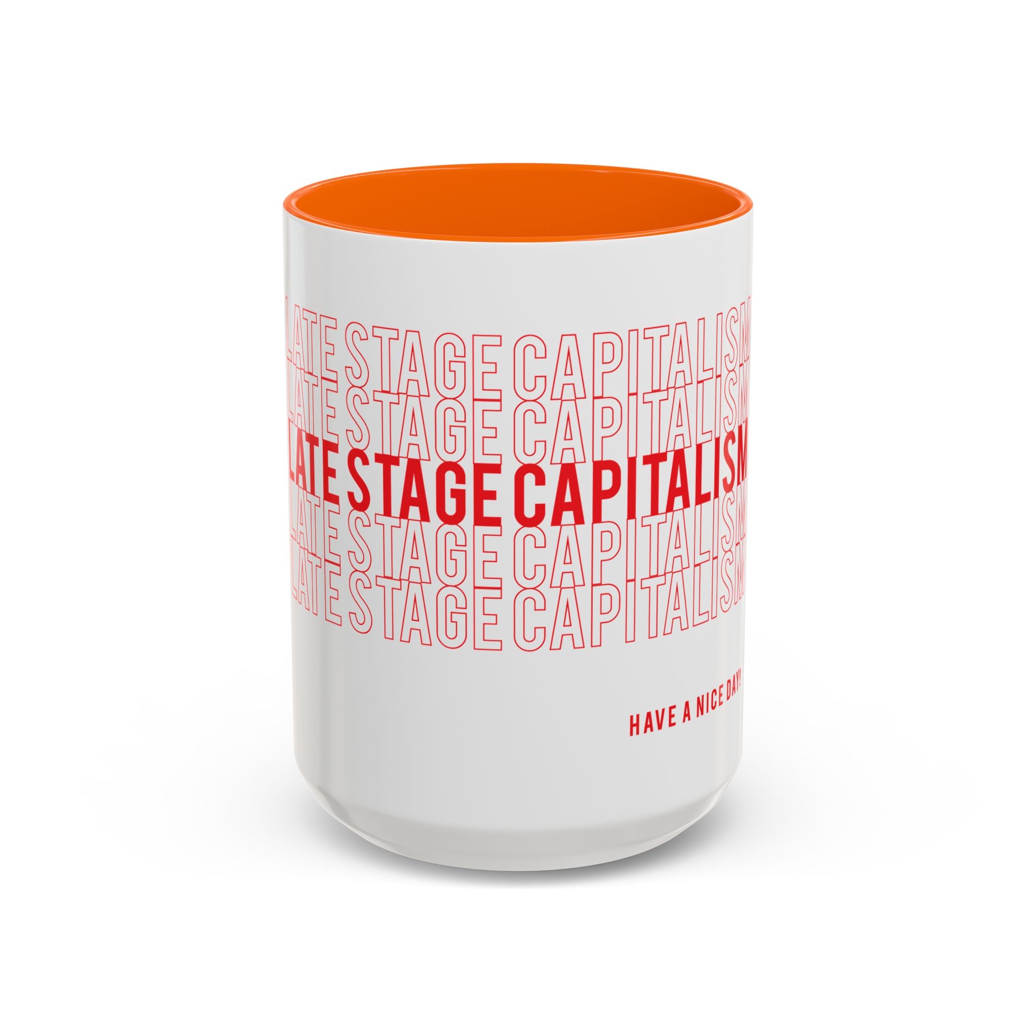 Accent Coffee Mug — “Late Stage Capitalism” Retro Repeat Text Coffee Mug