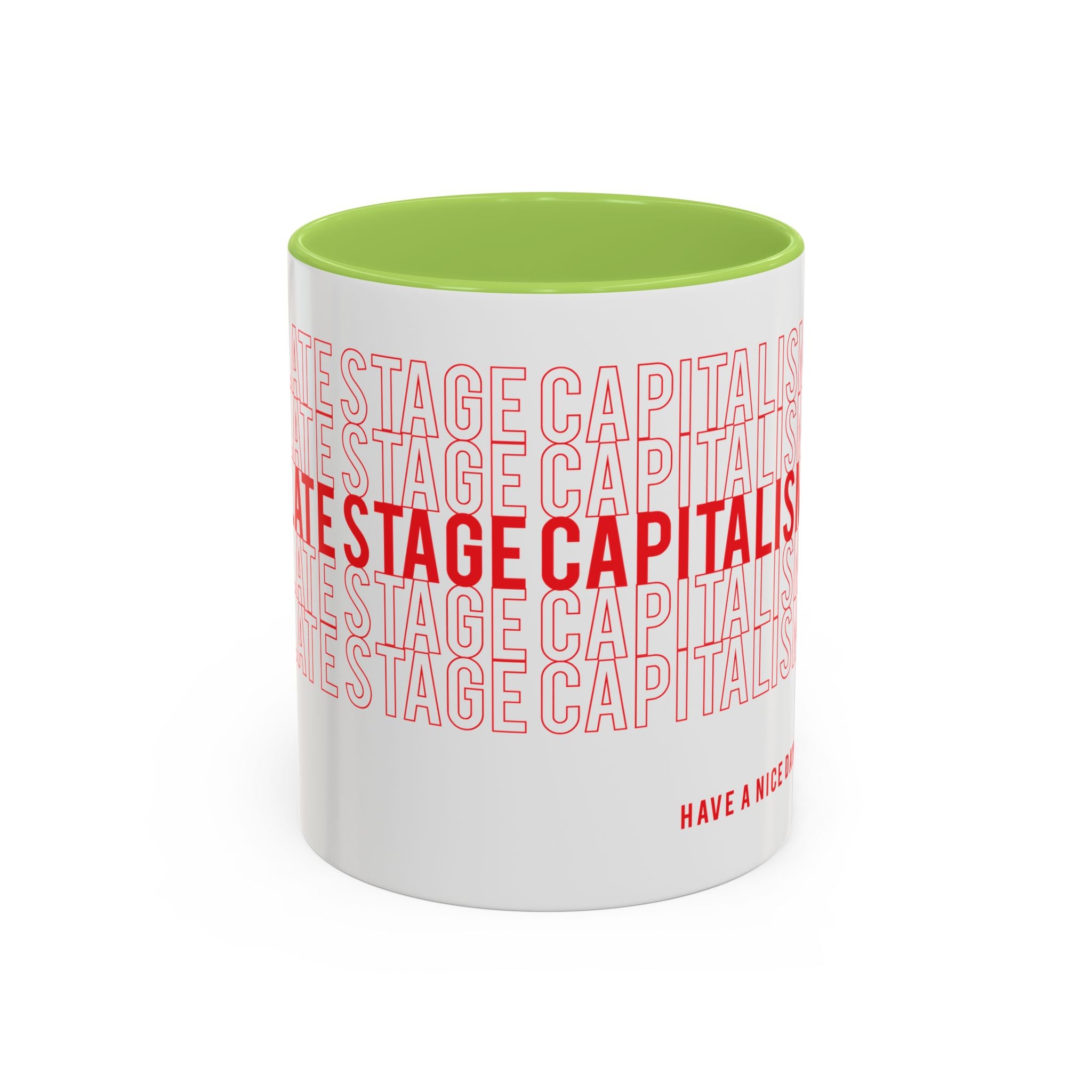 Accent Coffee Mug — “Late Stage Capitalism” Retro Repeat Text Coffee Mug